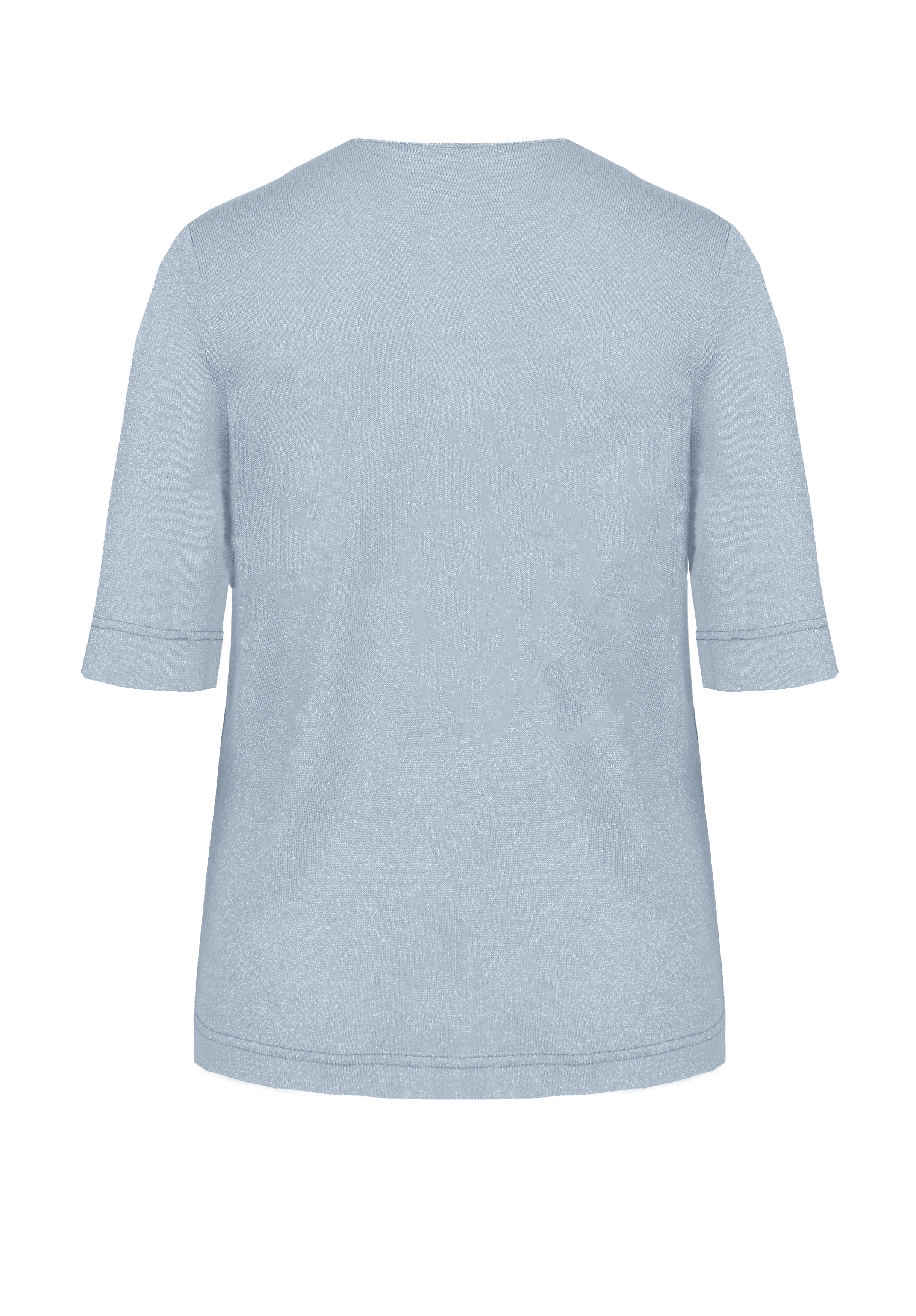 Rückansicht eines hellblauen Kurzarmshirts mit Rundhalsausschnitt und schlichtem, schnörkellosem Design.