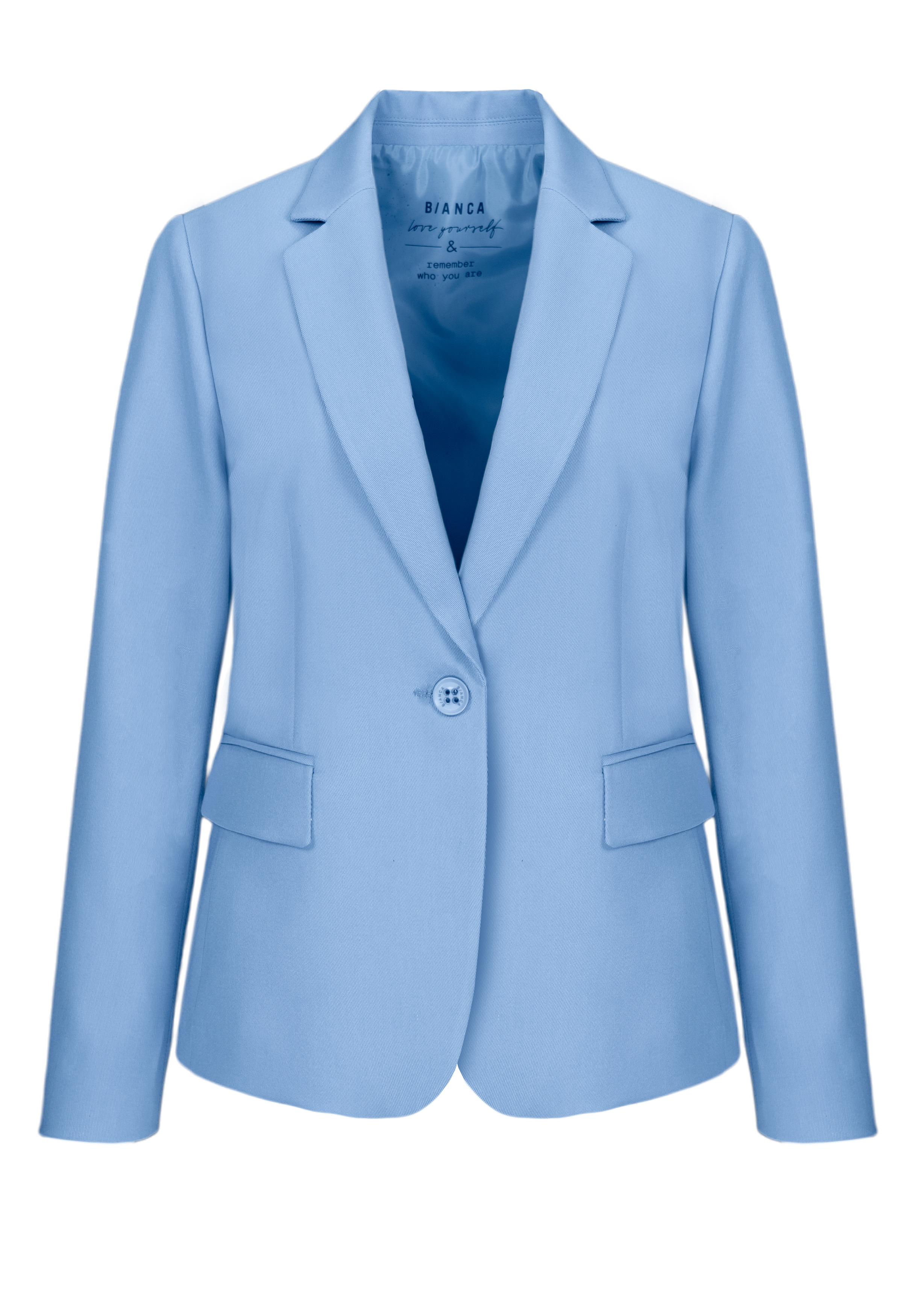 Hellblauer Damenblazer mit einem einzelnen Knopf vorne, Revers und zwei Pattentaschen vorne auf weißem Hintergrund.
