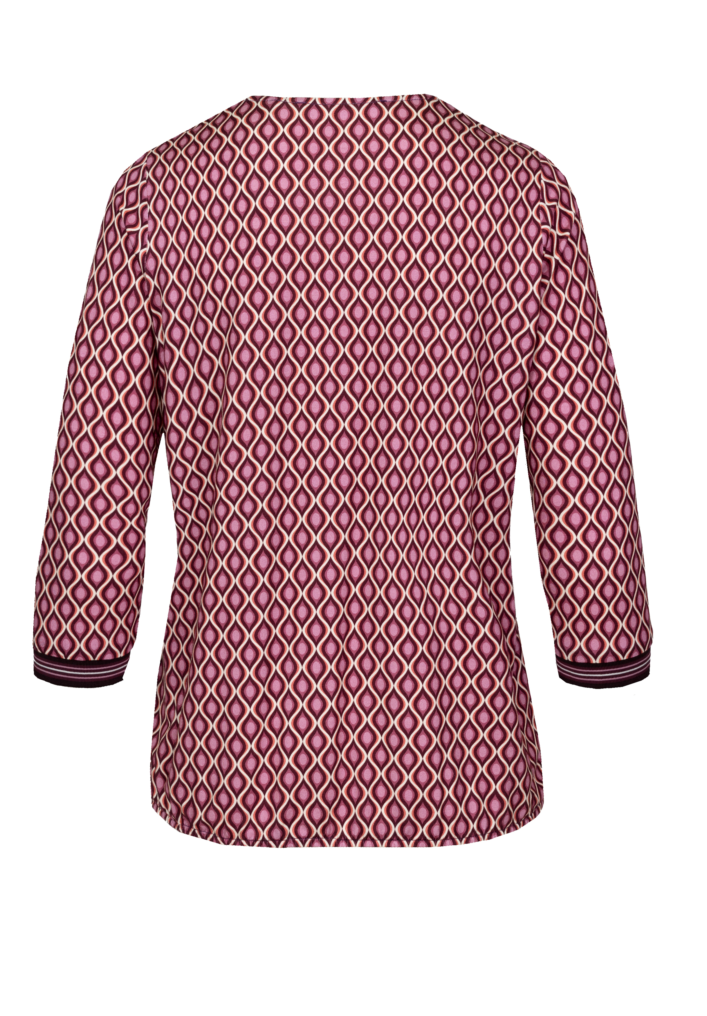 Rückansicht eines Damen-Langarmshirts mit einem rosa-lila geometrischen Rautenmuster und dunkel gestreiften Bündchen.