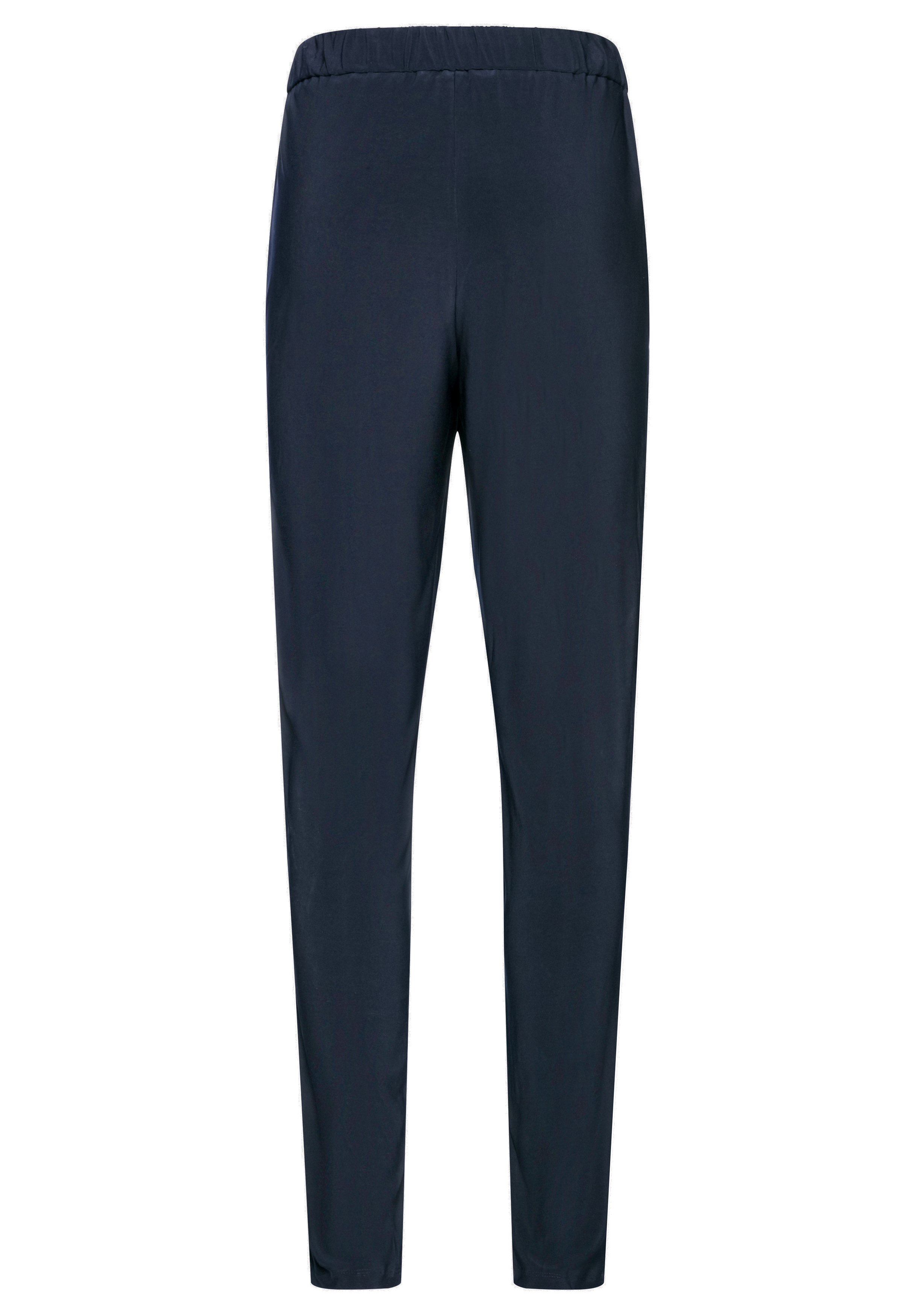 Marineblaue, bodenlange Jogginghose mit elastischem Bund, von hinten auf weißem Hintergrund dargestellt. Die Hose hat eine einfache, schmale Passform ohne sichtbare Taschen oder Logos.