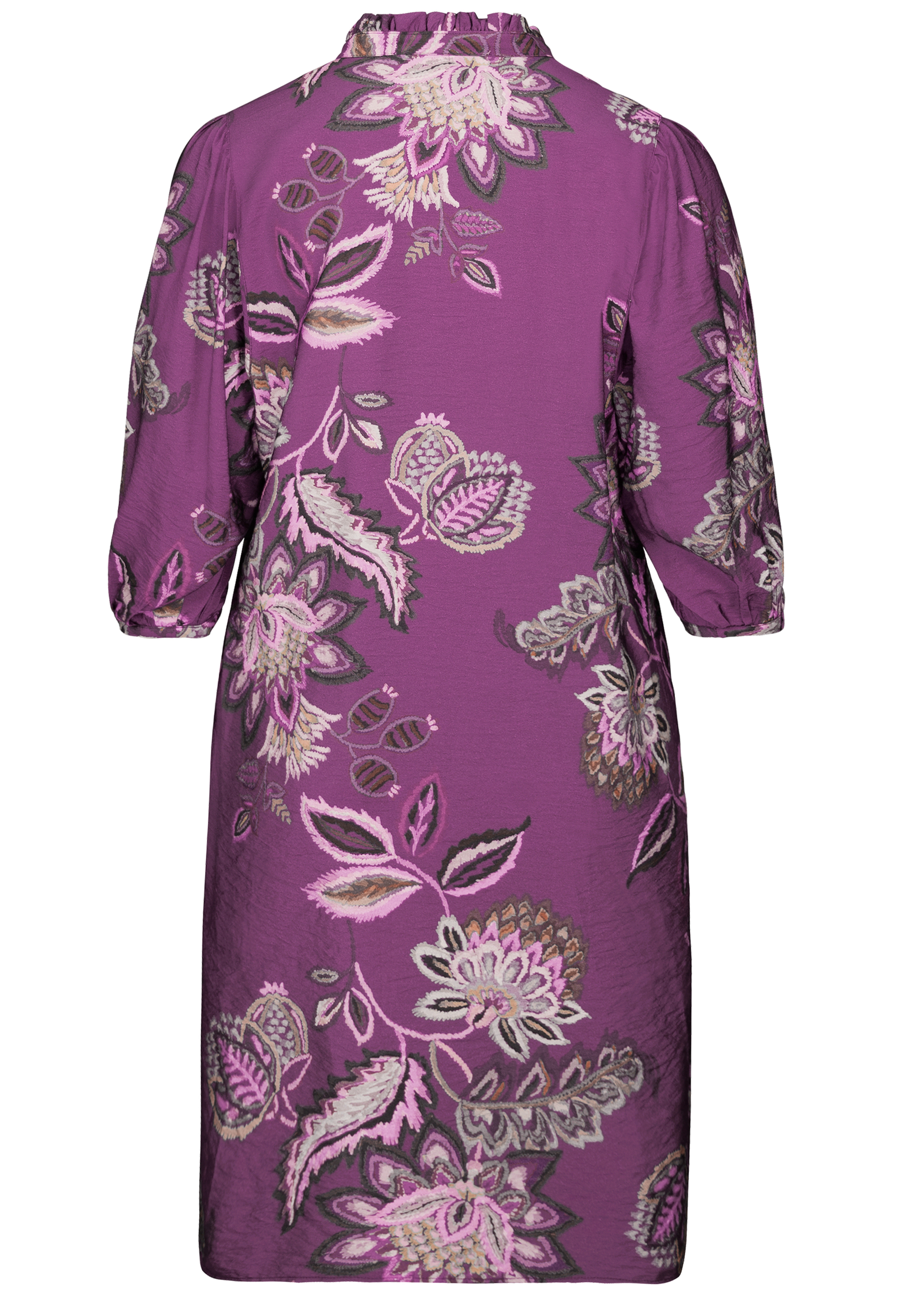 Knielanges, lilafarbenes Kleid mit ellbogenlangen Ärmeln und einem Blumenmuster in Rosa-, Weiß- und Grautönen, von hinten gesehen.