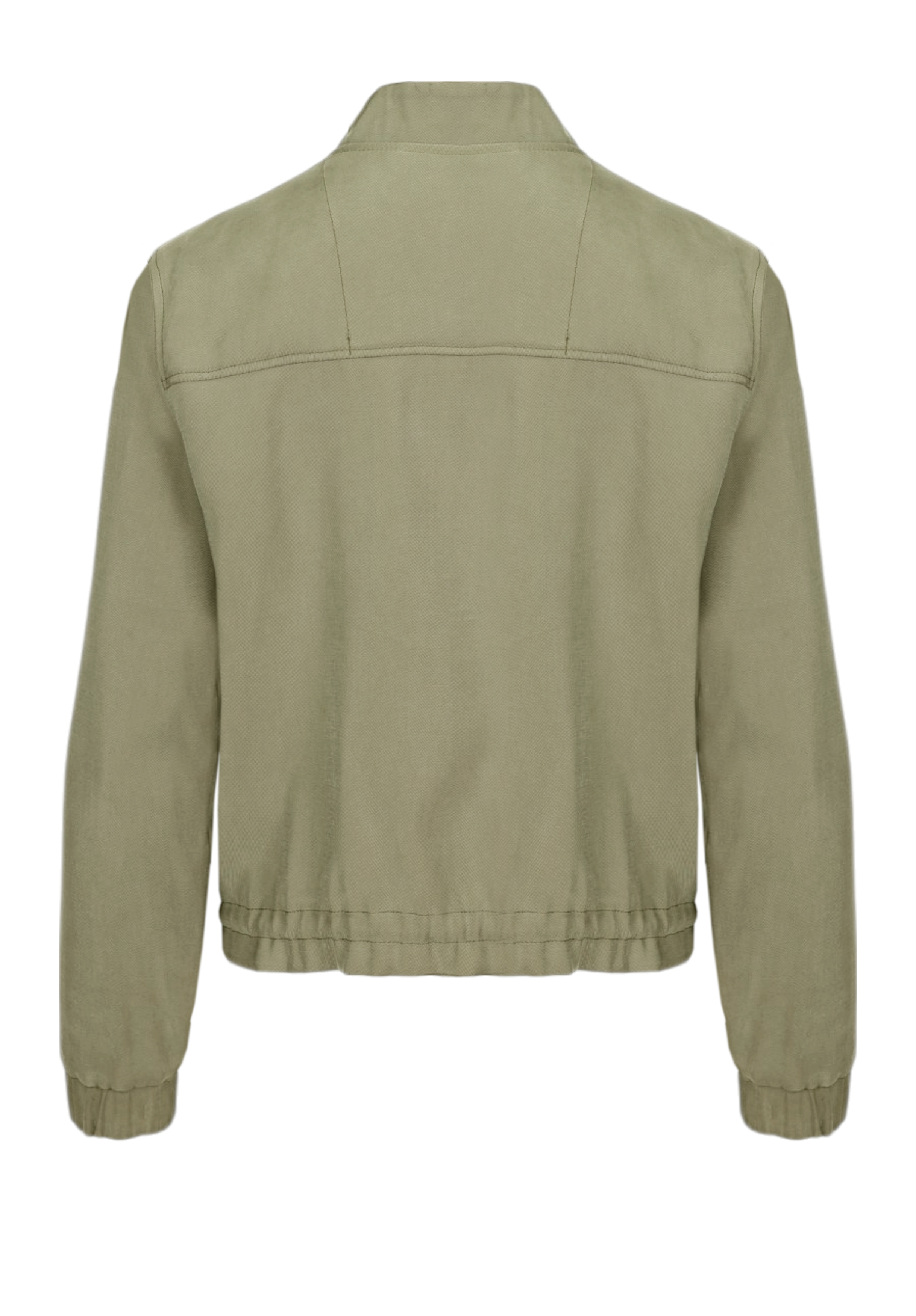 Rückansicht einer hellolivgrünen Jacke mit langen Ärmeln, elastischen Bündchen, elastischem Bund und schlichtem, kragenlosem Ausschnitt. Die Jacke besticht durch minimalistische Details und ein klares, lässiges Design.
