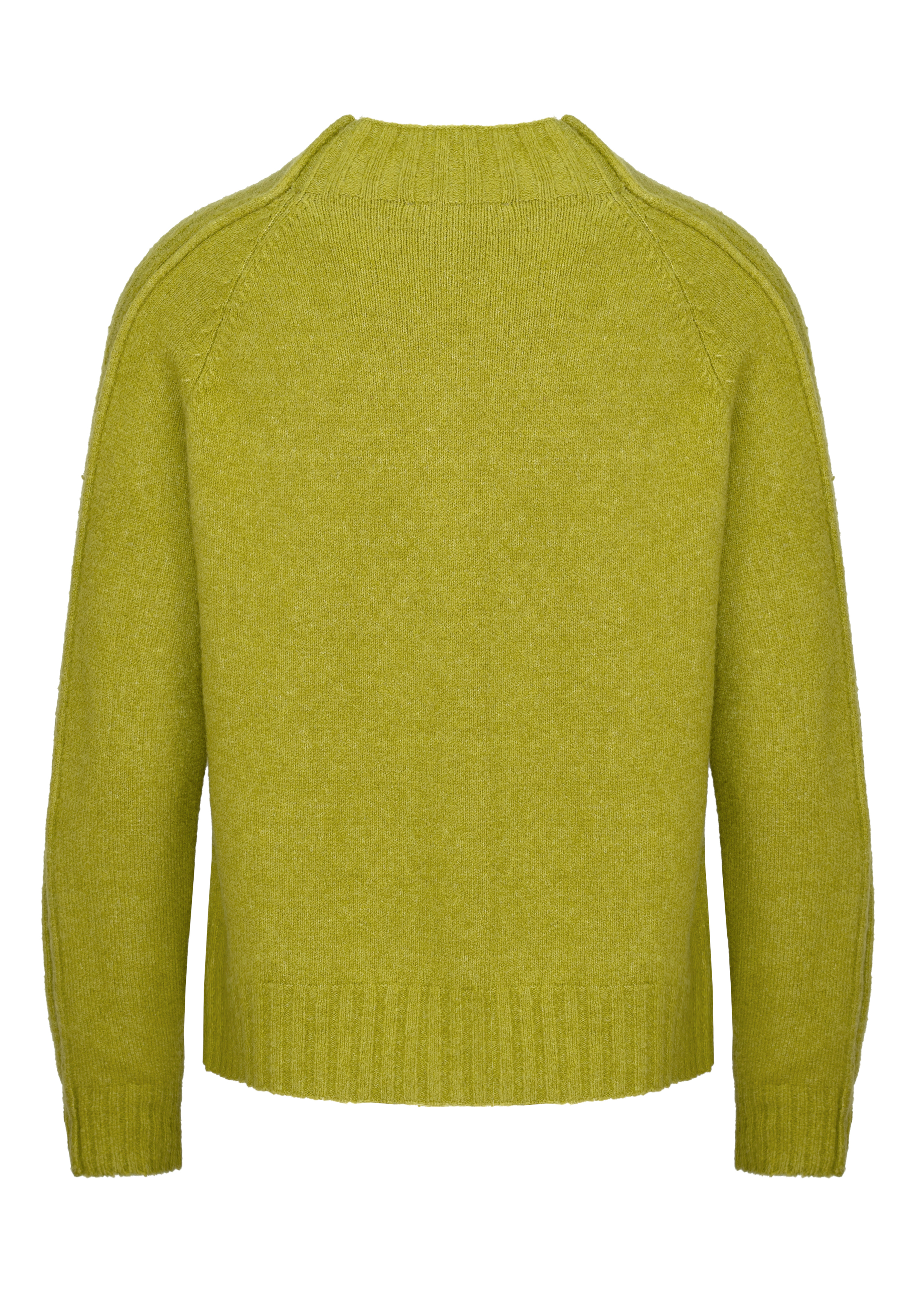 Rückansicht eines schlichten, langärmeligen, hellgrünen Strickpullovers mit geripptem Saum, Bündchen und Rundhalsausschnitt.