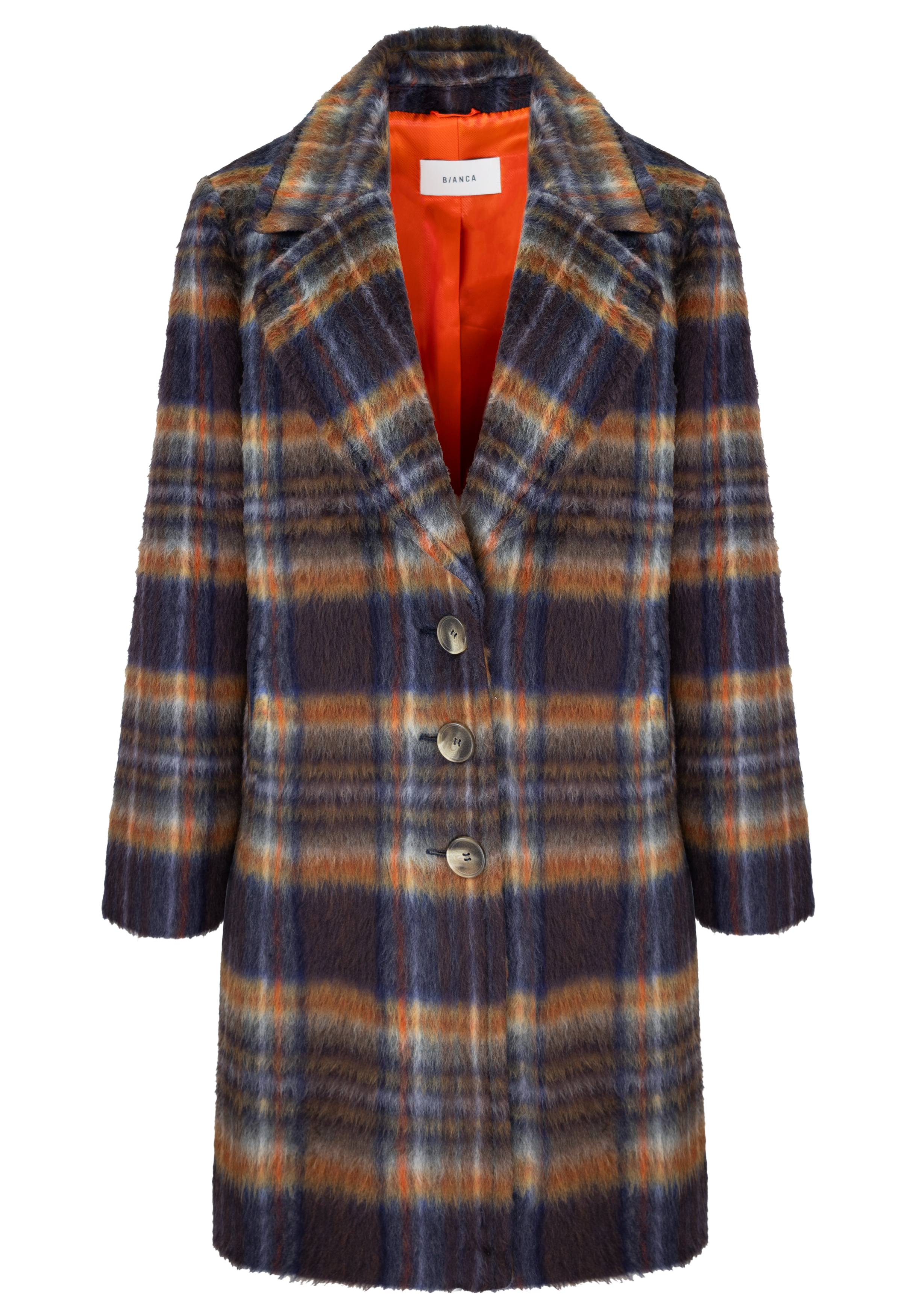 Langärmeliger, knielanger Mantel mit großem Revers und vier Knöpfen, mit einem auffälligen Karomuster in Marine-, Braun- und Orangetönen und einem leuchtend orangen Innenfutter.