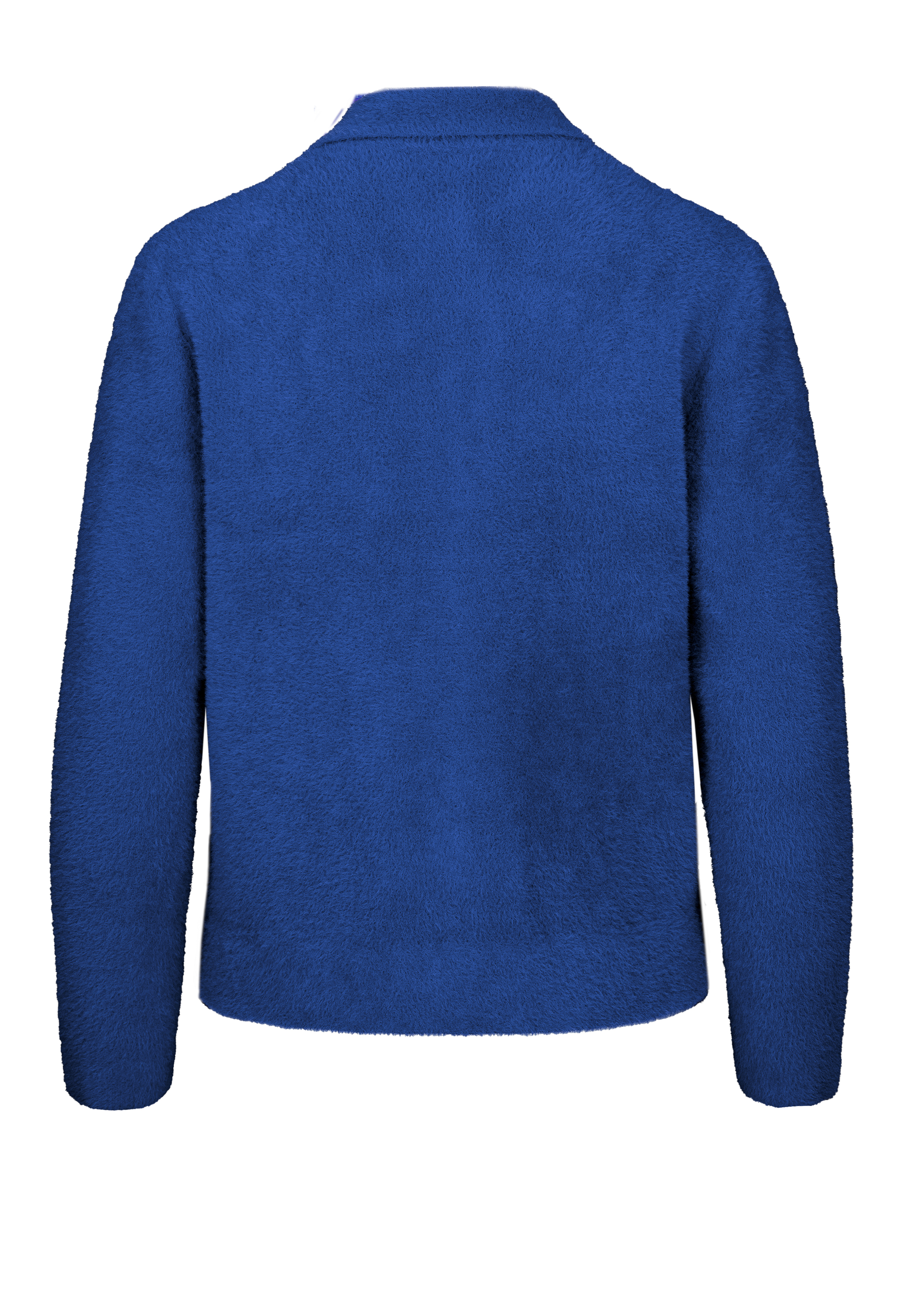 Eine königsblaue, langärmelige Fleecejacke mit Kragen und ohne sichtbare Verschlüsse oder Designelemente, von hinten gesehen.