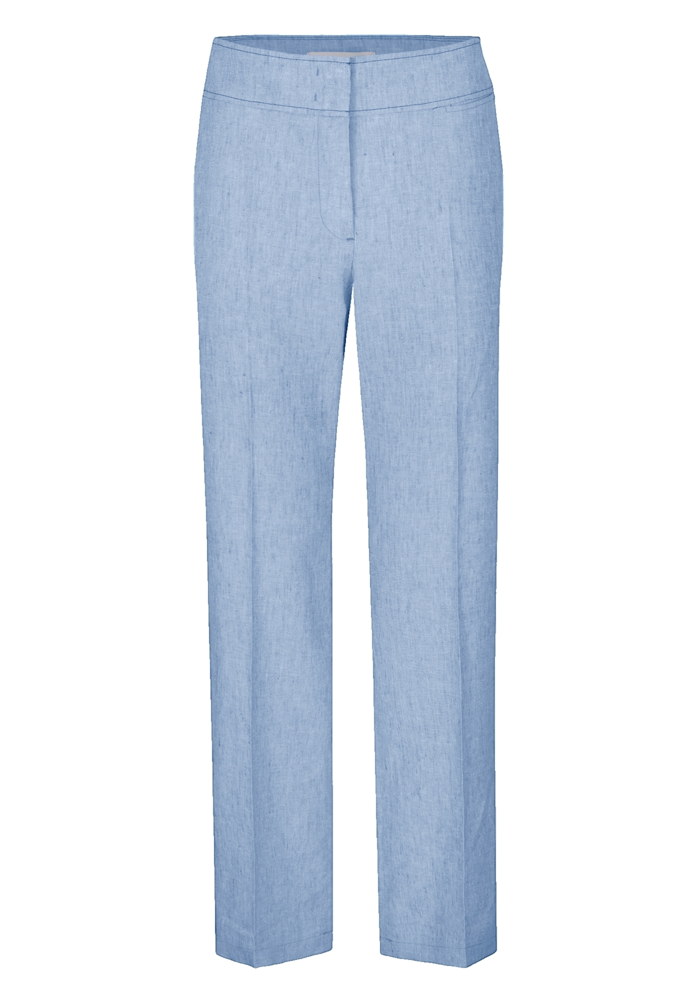 Hellblaue Leinenhose für Damen mit geradem Beinschnitt, Bügelfalte vorne, Bund und verdecktem Frontverschluss auf schlichtem weißem Hintergrund.
