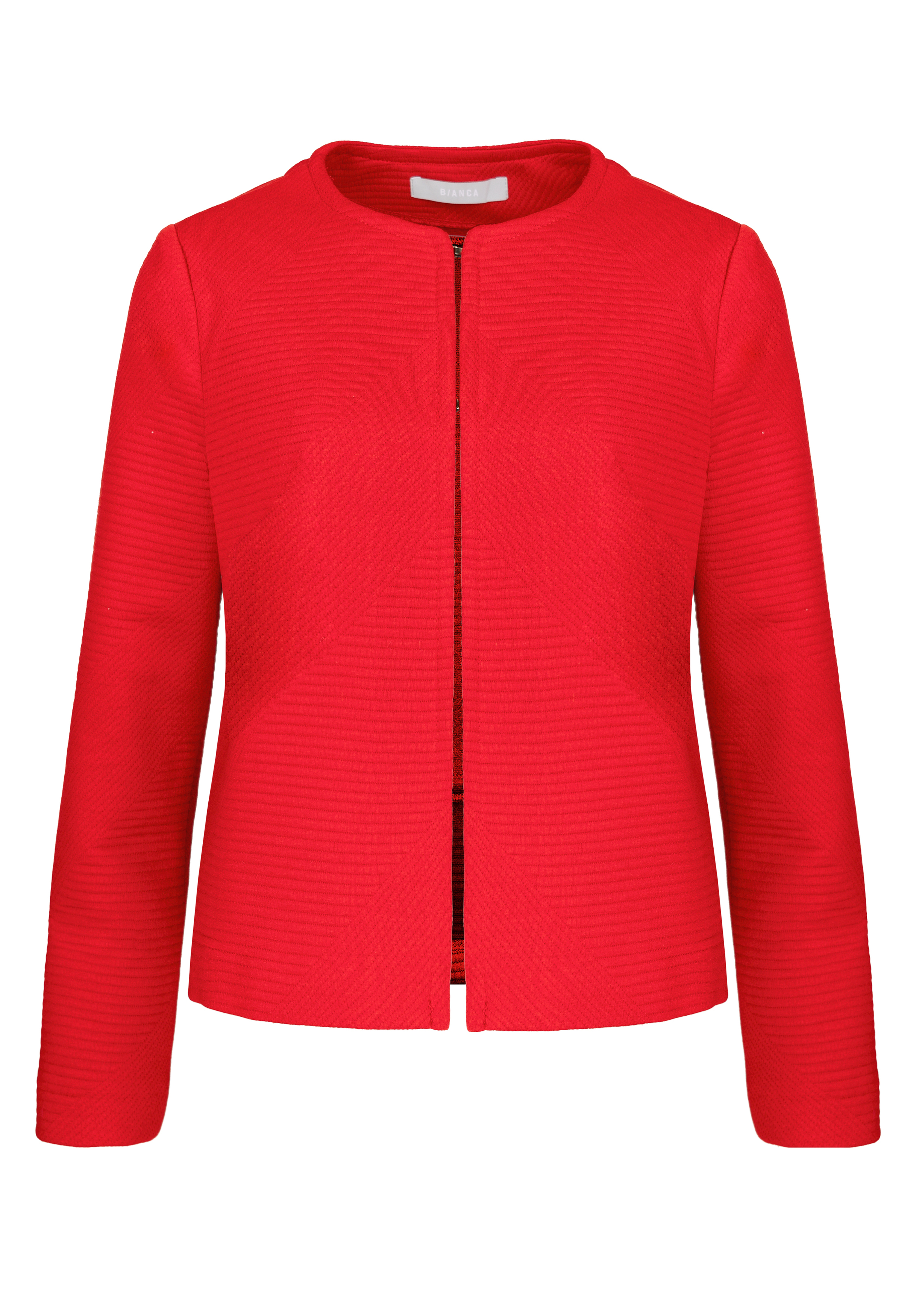Vorderansicht einer leuchtend roten, langärmeligen, kragenlosen Damenjacke aus strukturiertem Stoff mit offenem Frontdesign.