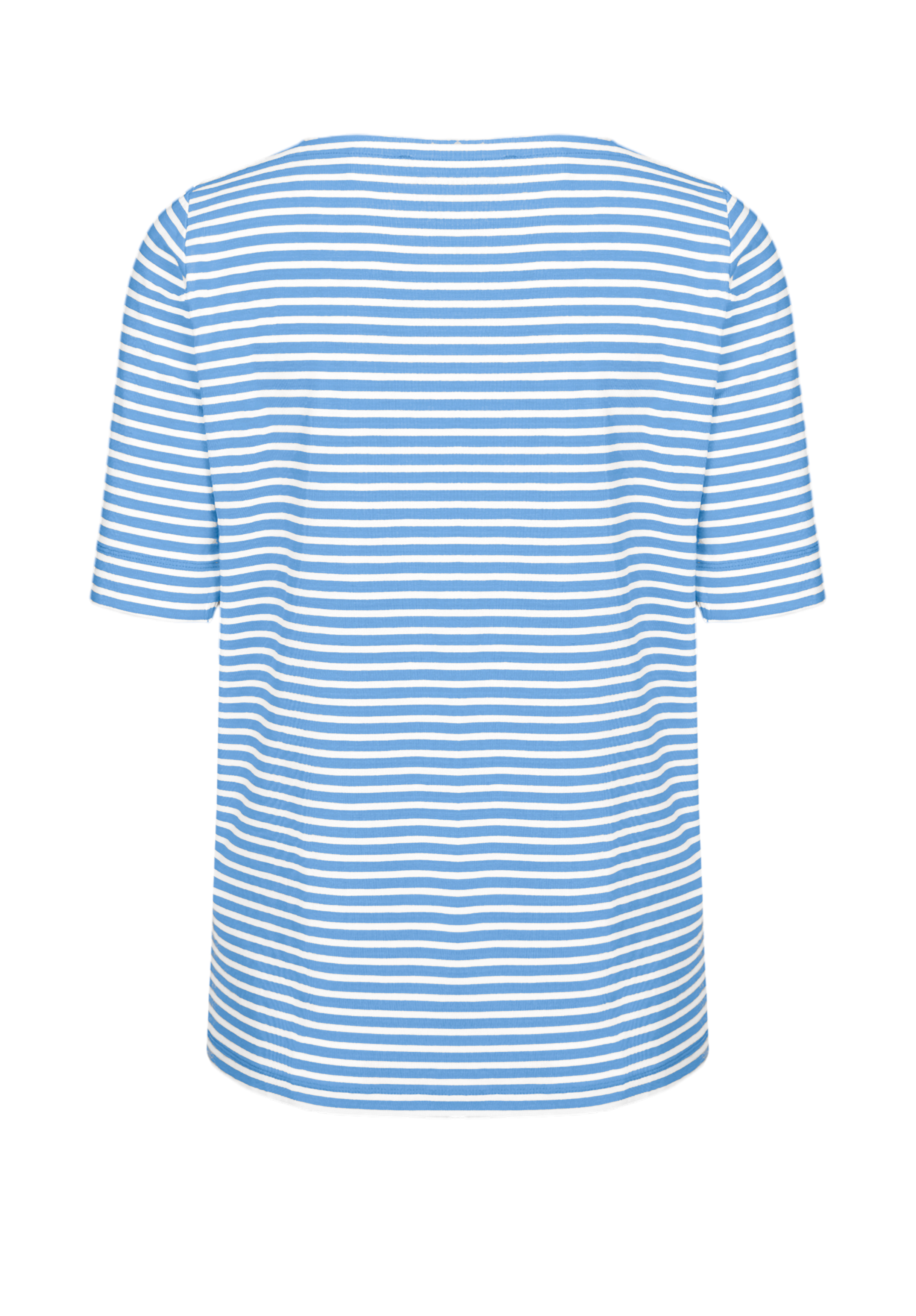 Ein kurzärmeliges Hemd mit blauen und weißen Querstreifen, von hinten auf weißem Hintergrund abgebildet.