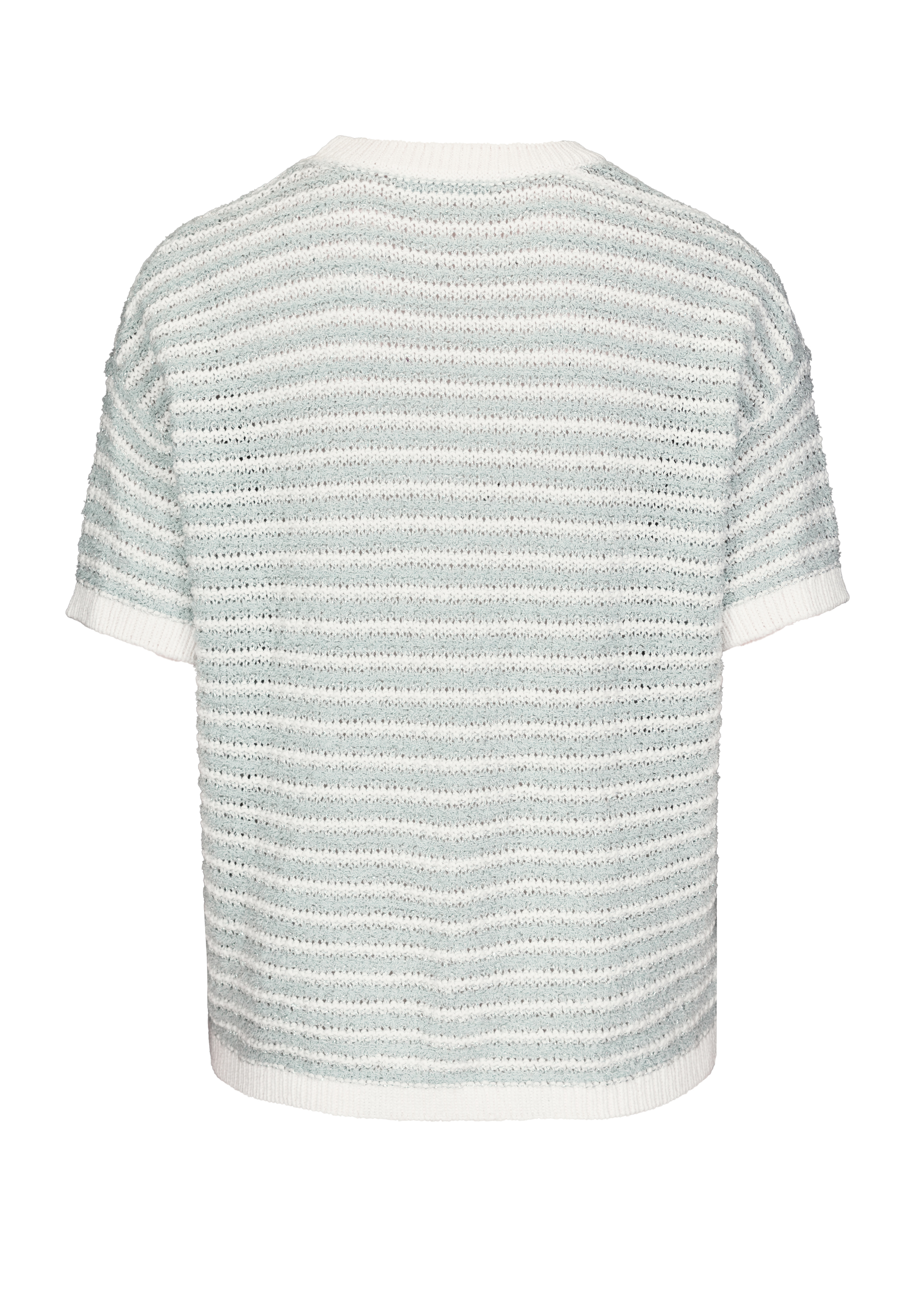 Ein kurzärmliger, hellblau-weiß gestreifter Strickpullover von hinten, mit lockerer Passform und gerippten Abschlüssen an Saum, Bündchen und Halsausschnitt.