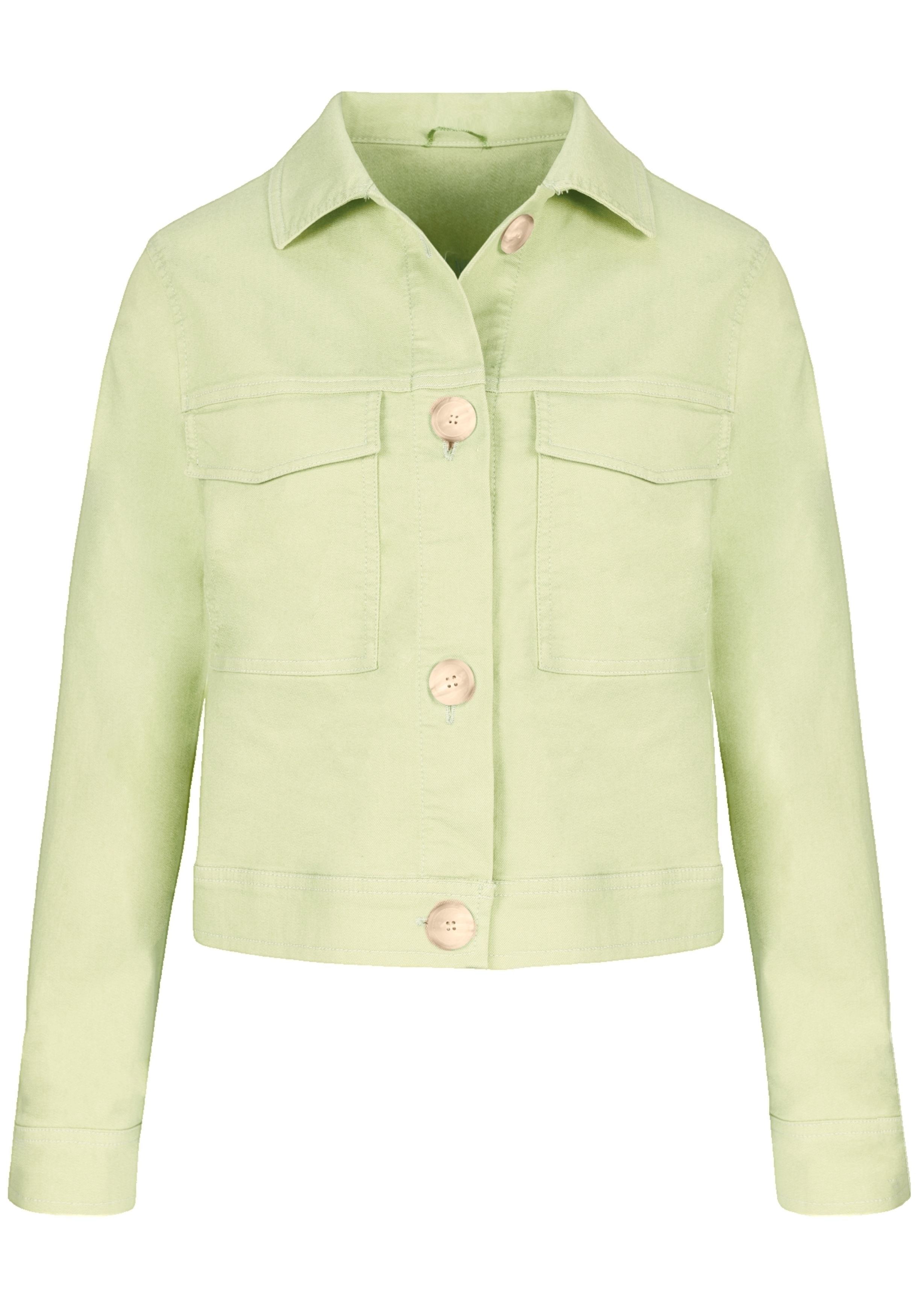 Hellgrüne, langärmelige Jeansjacke mit Kragen, zwei Brusttaschen und vier großen beigen Knöpfen vorne. Die Jacke hat ein schlichtes, klassisches Design und eine leicht verkürzte Passform.