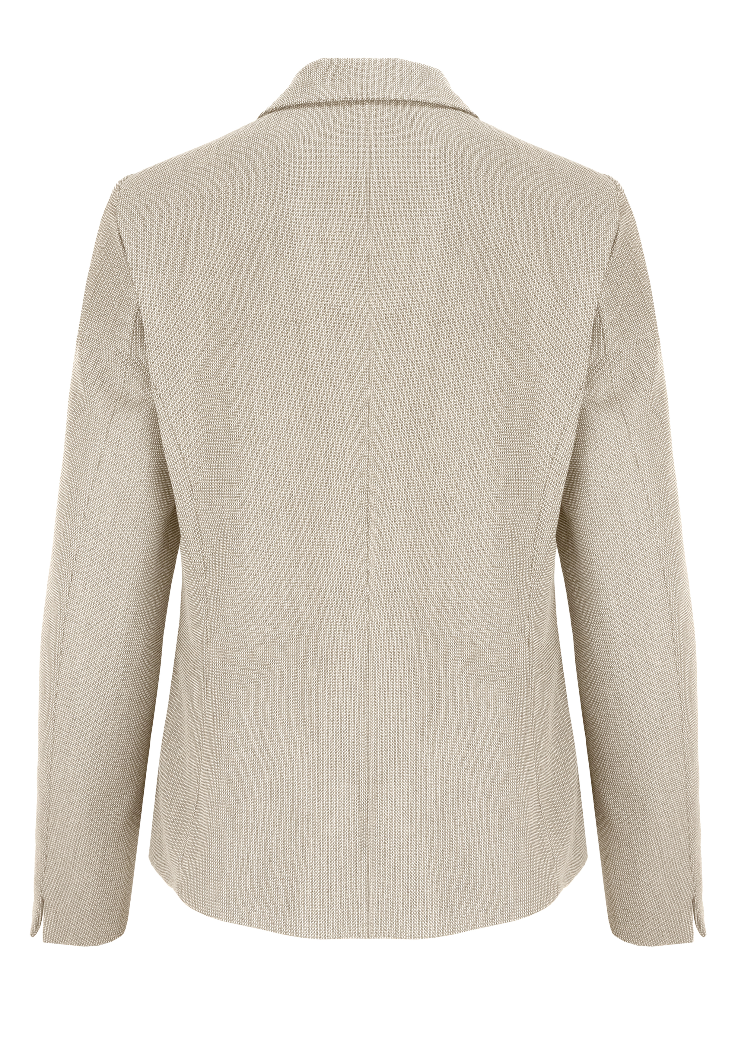 Beigefarbener Blazer, von hinten gezeigt, mit dezent strukturiertem Stoff, langen Ärmeln und einem gekerbten Kragen. Der Blazer hat eine maßgeschneiderte Passform mit einfachen, klaren Linien und ohne sichtbare Knöpfe oder Verzierungen.