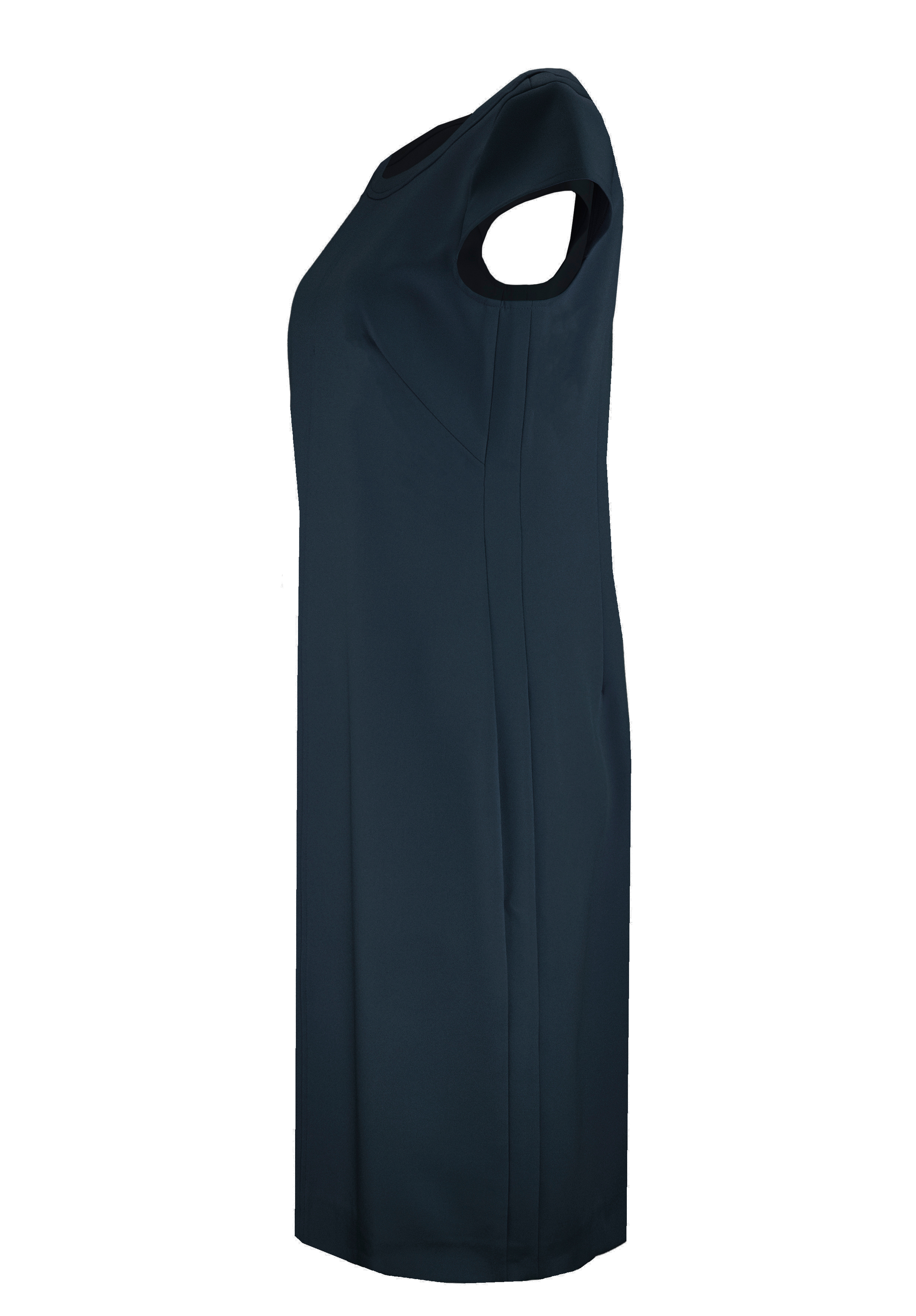 Ein ärmelloses, knielanges, dunkelblaues Kleid in der Seitenansicht auf weißem Grund mit einem einfachen und eleganten geraden Schnitt.