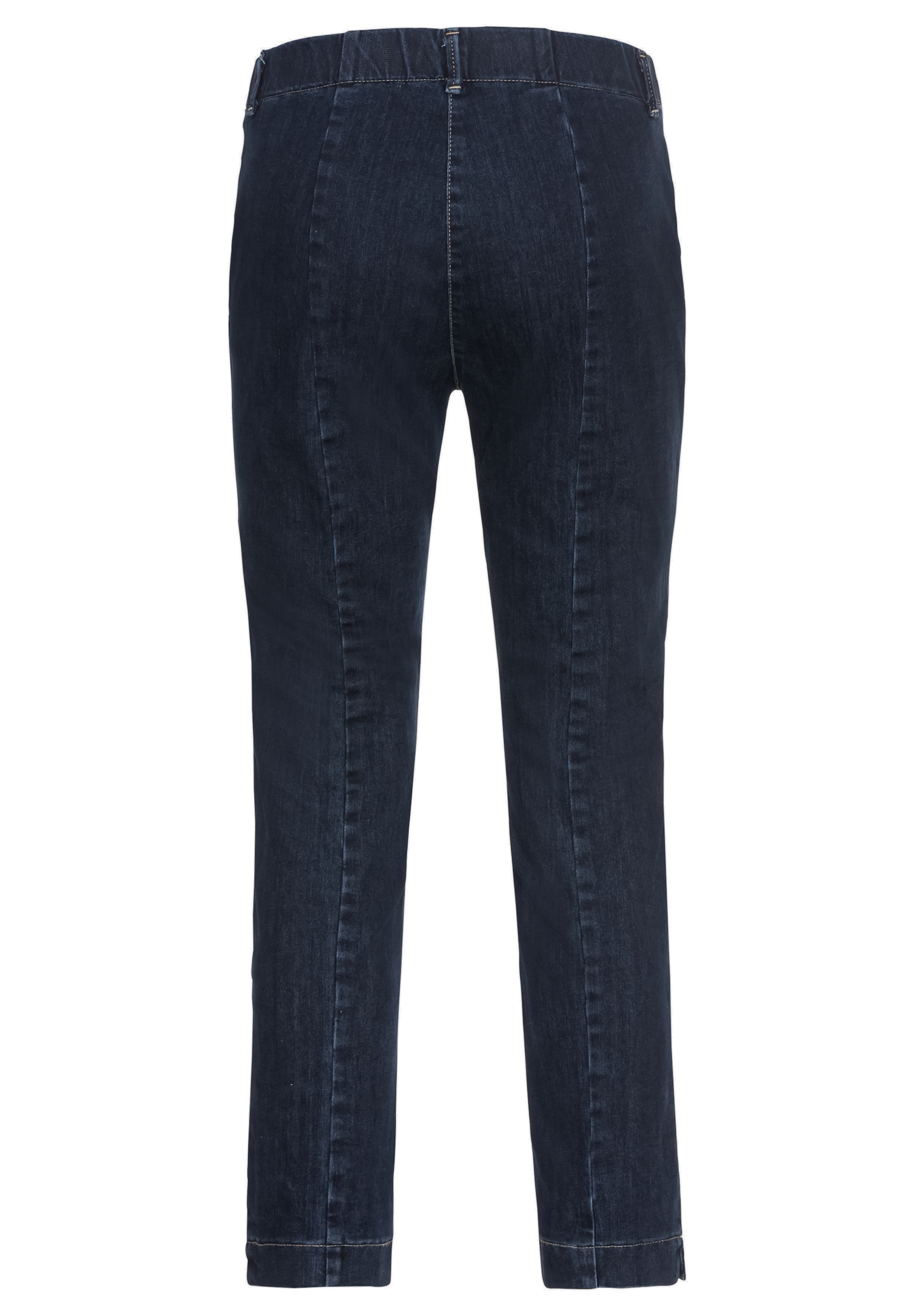 Rückansicht einer dunkelblauen Jeans mit sichtbaren Nähten, geradem Bein und ohne sichtbare Taschen oder Verzierungen.