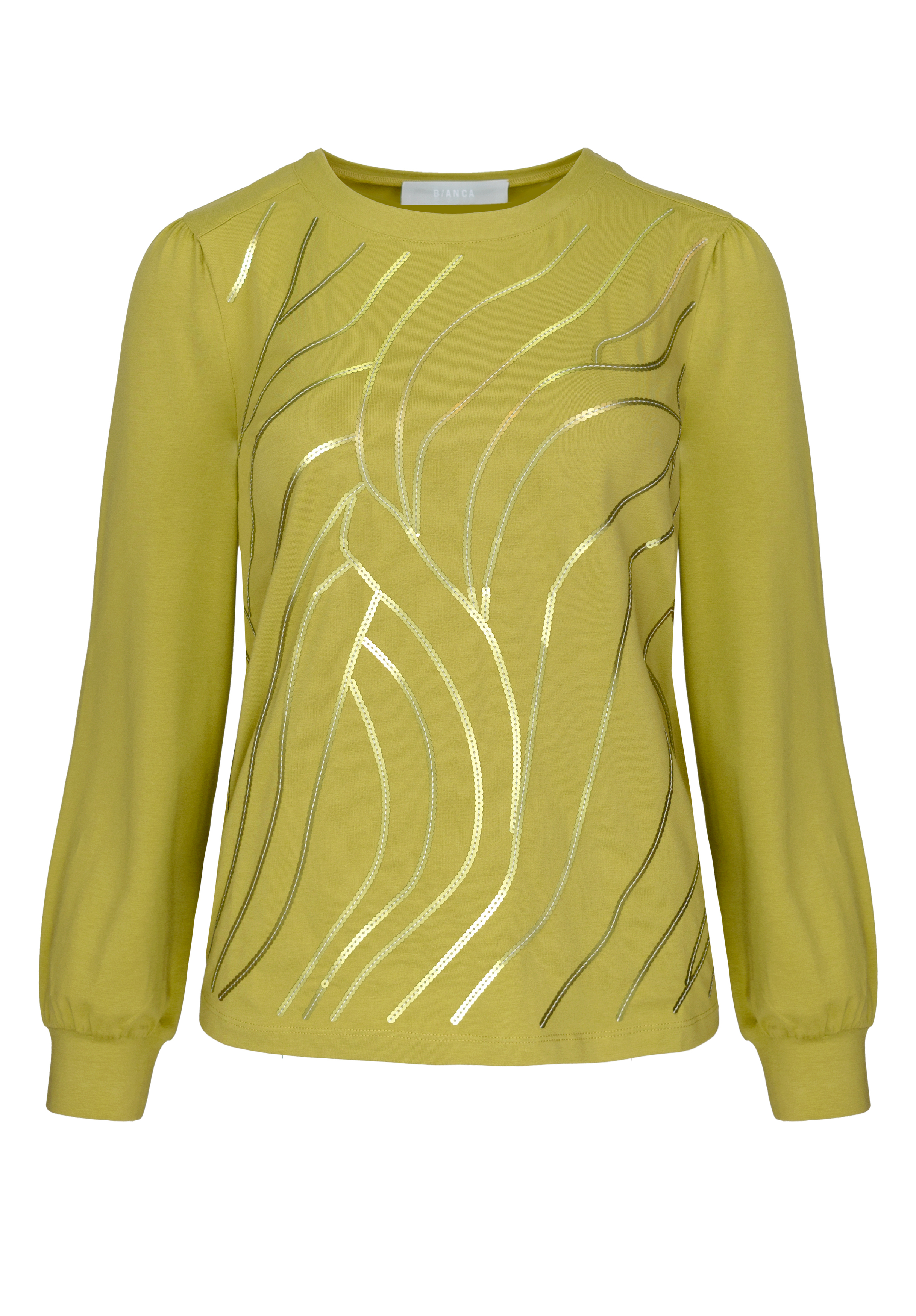 Eine langärmlige, gelbgrüne Bluse mit metallisch goldenen Wellenlinien auf der Vorderseite. Die Bluse hat einen runden Ausschnitt und geraffte Ärmel mit Manschetten.