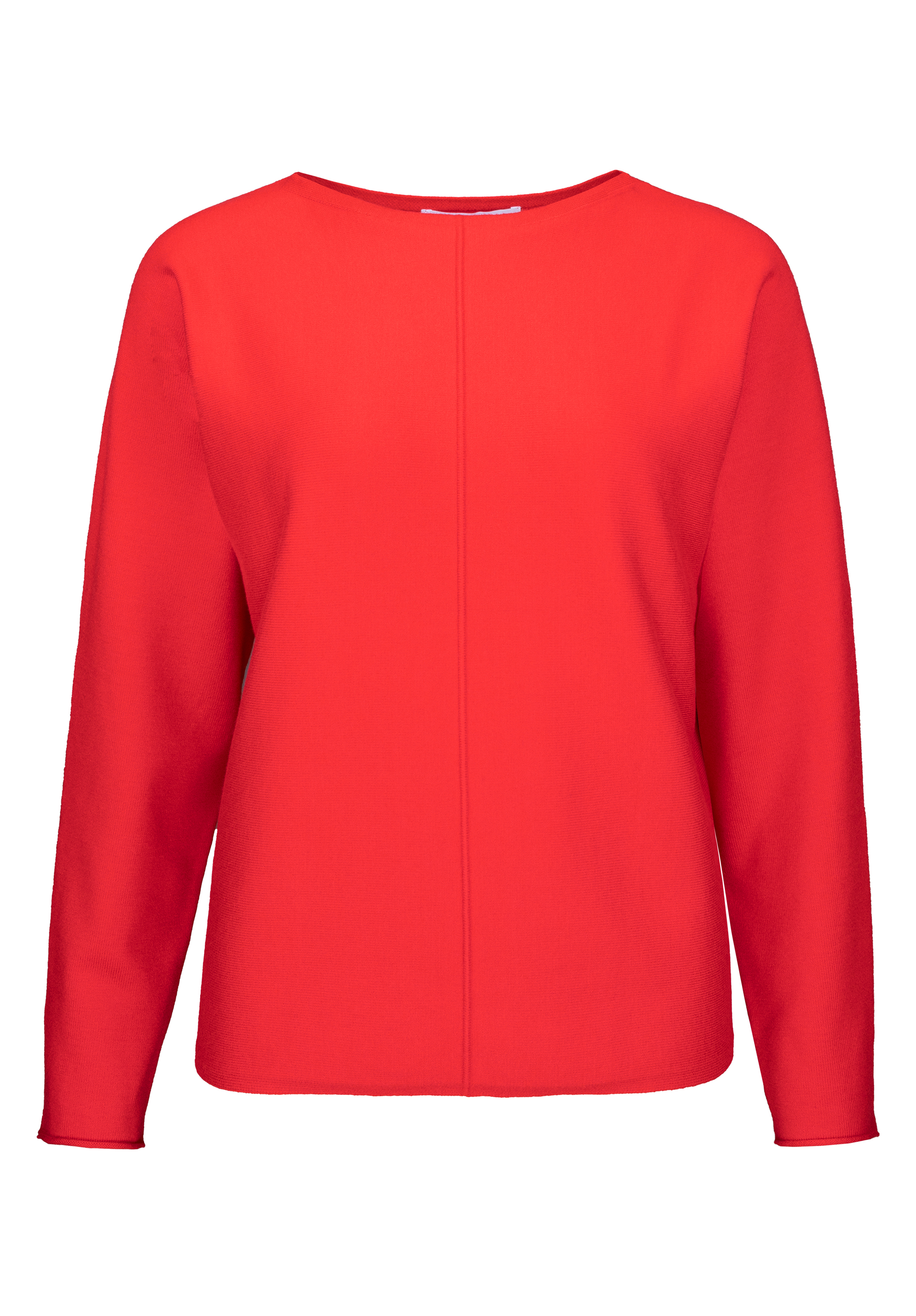 Eine schlichte, langärmelige, leuchtend rote Damenbluse mit rundem Ausschnitt und geradem Saum, abgebildet auf weißem Hintergrund.