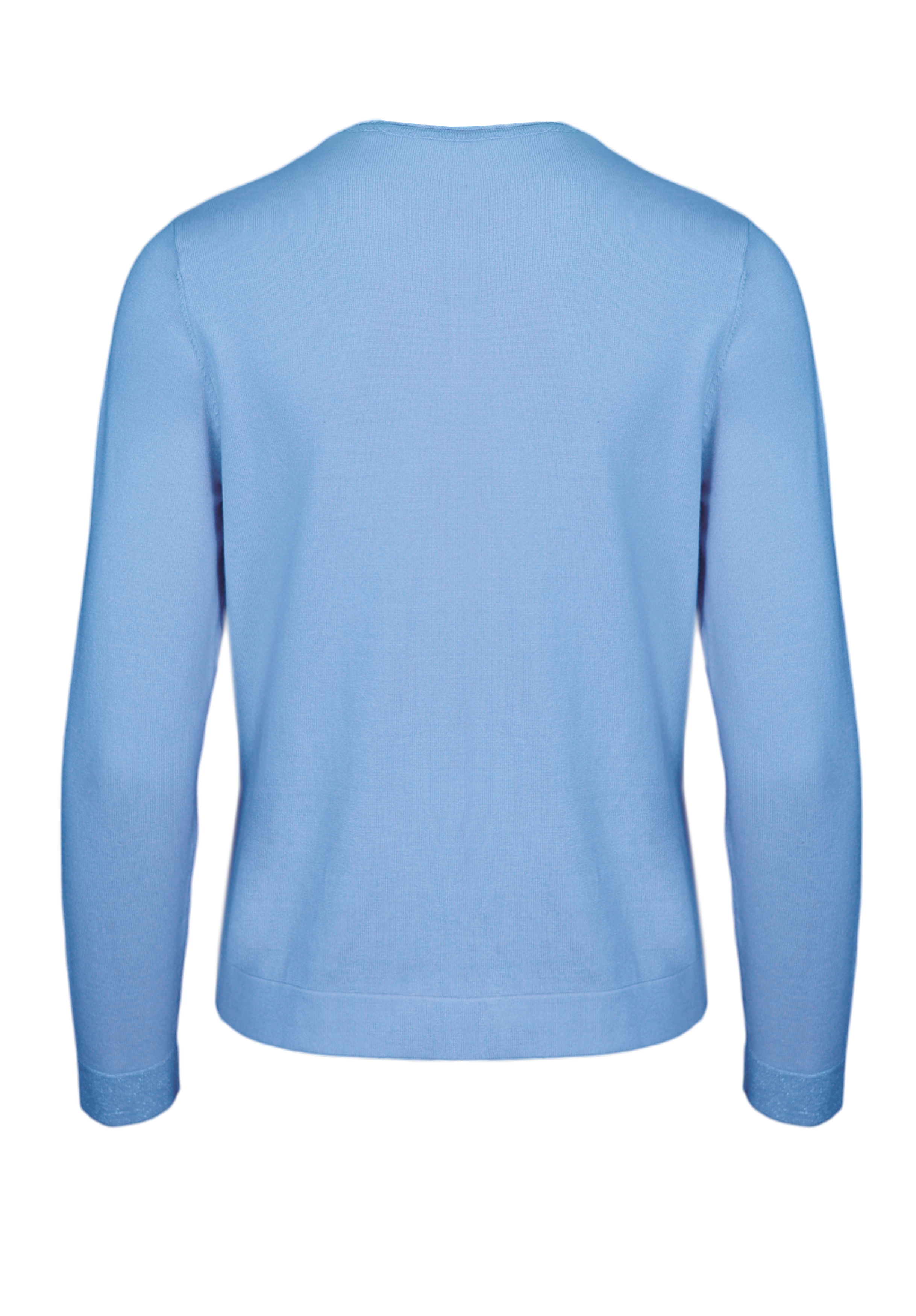 Ein schlichter, langärmeliger, hellblauer Pullover von hinten auf weißem Hintergrund.