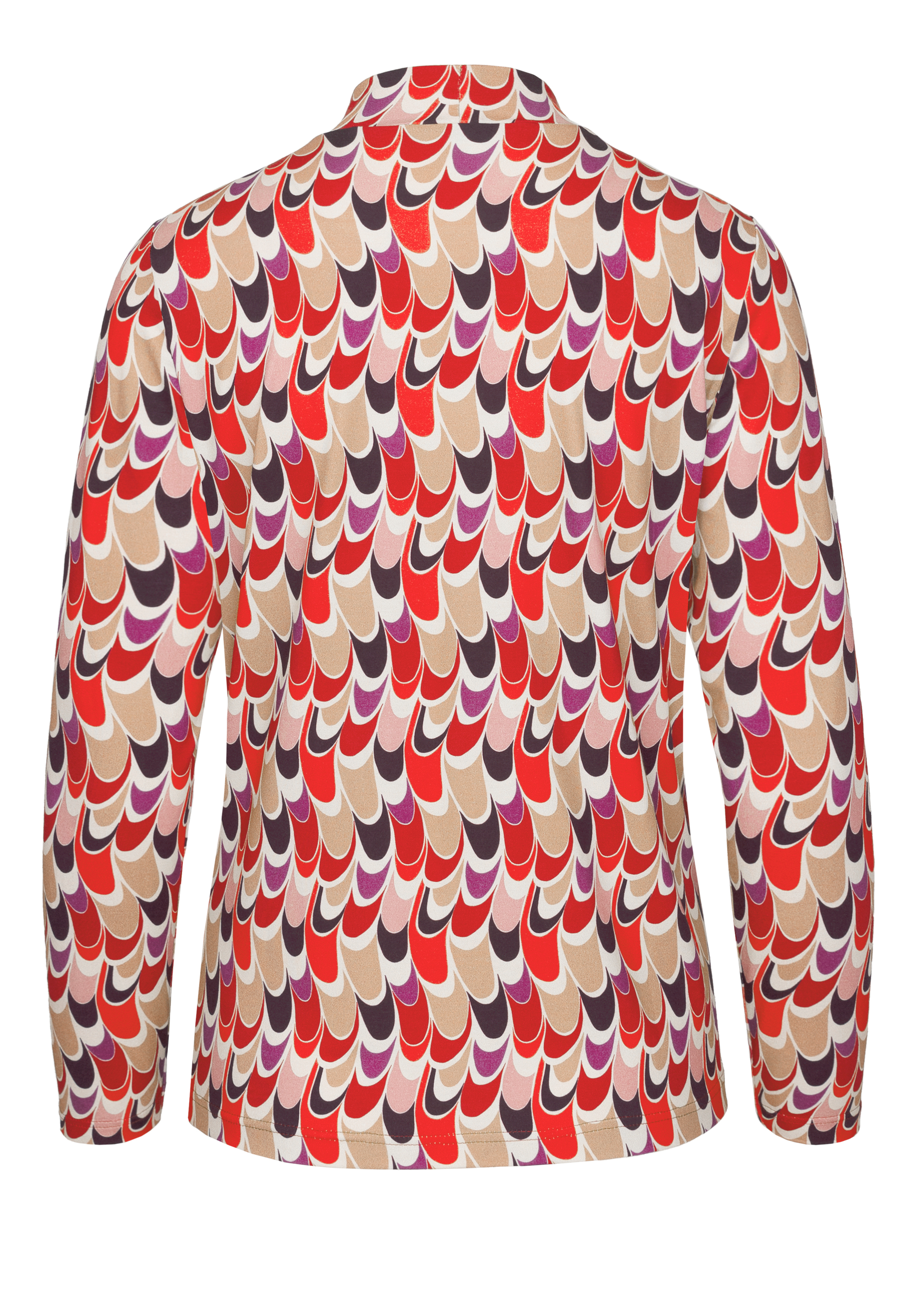 Ein langärmeliges Hemd mit einem kräftigen, farbenfrohen Muster aus geschwungenen Formen in Rot, Lila, Beige und Orange, von hinten auf weißem Hintergrund abgebildet.
