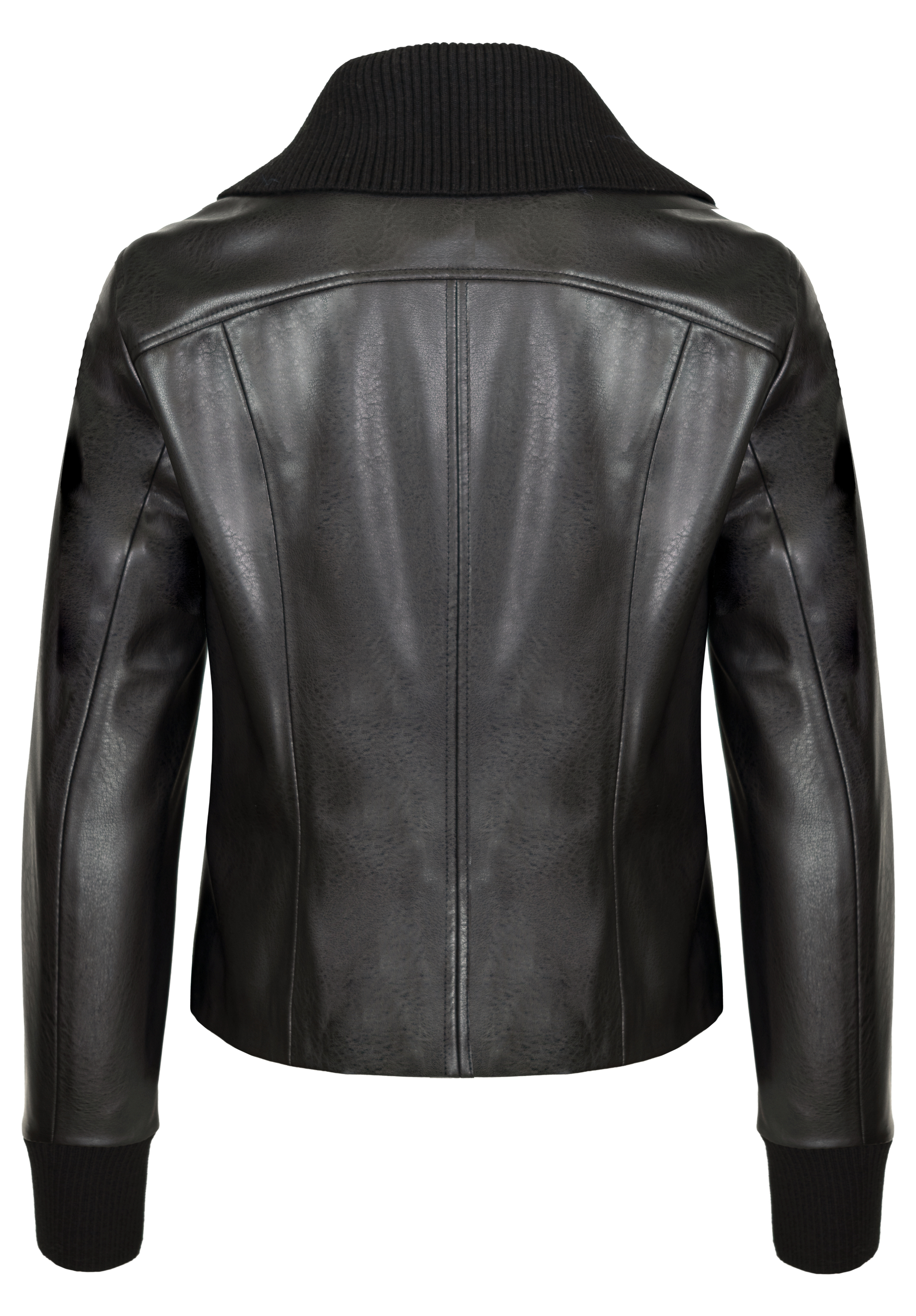 Rückansicht einer schwarzen Lederjacke mit geripptem Strickkragen, Bündchen und Bund. Die Jacke verfügt über Einsätze am Rücken und an den Ärmeln, die für ein strukturiertes und tailliertes Erscheinungsbild sorgen.