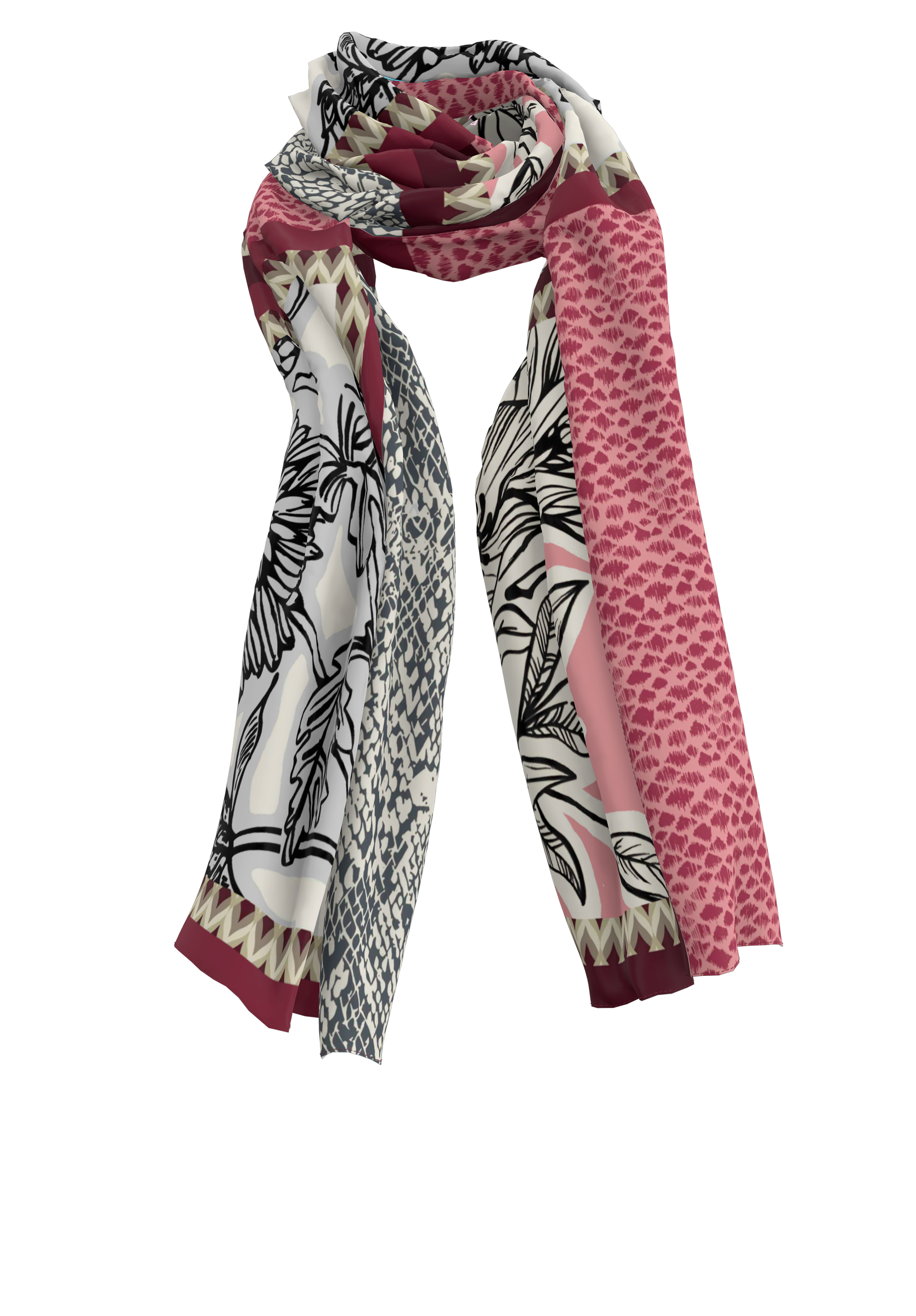 Ein Seidenschal mit gemischten Mustern, darunter schwarze Blumendesigns, blaue und weiße geometrische Formen und rote und rosa strukturierte Abschnitte, mit einem dekorativen cremefarbenen Rand und burgunderfarbenen Kanten.