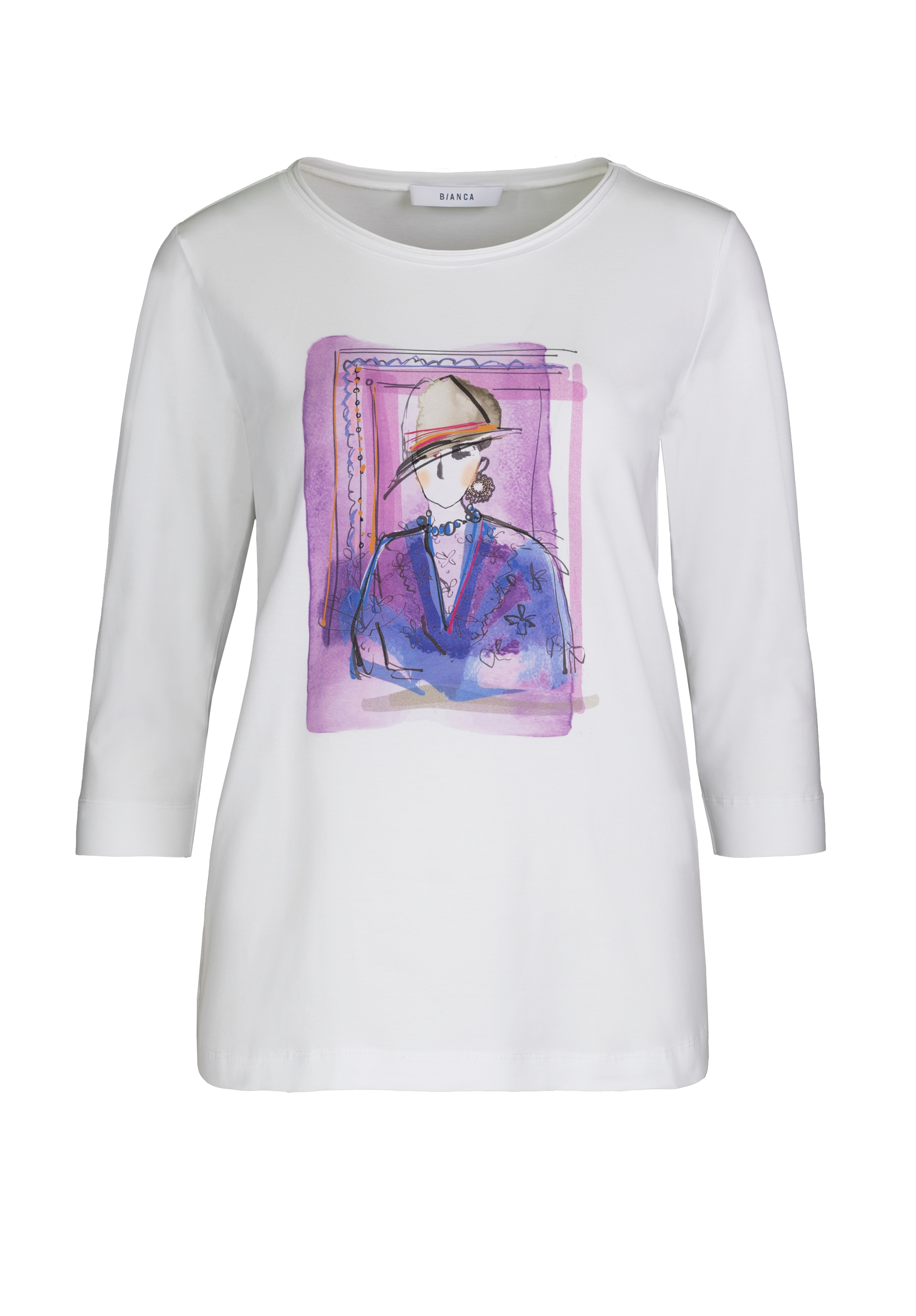 Weißes langärmeliges Hemd mit einer farbenfrohen abstrakten Skizze einer Person, die einen Hut und eine Anzugsjacke trägt, vor einem lila Hintergrund im Aquarellstil auf der Vorderseite.