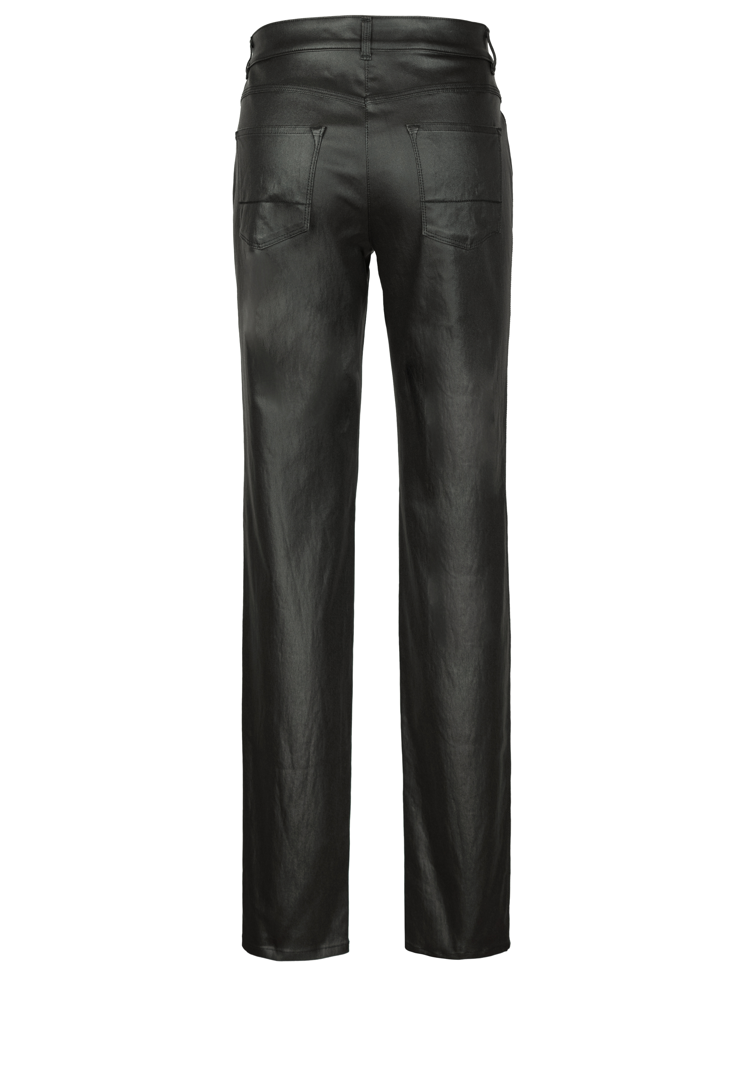 Schwarze Kunstlederhose von hinten gezeigt, mit zwei Gesäßtaschen und geradem Bein.