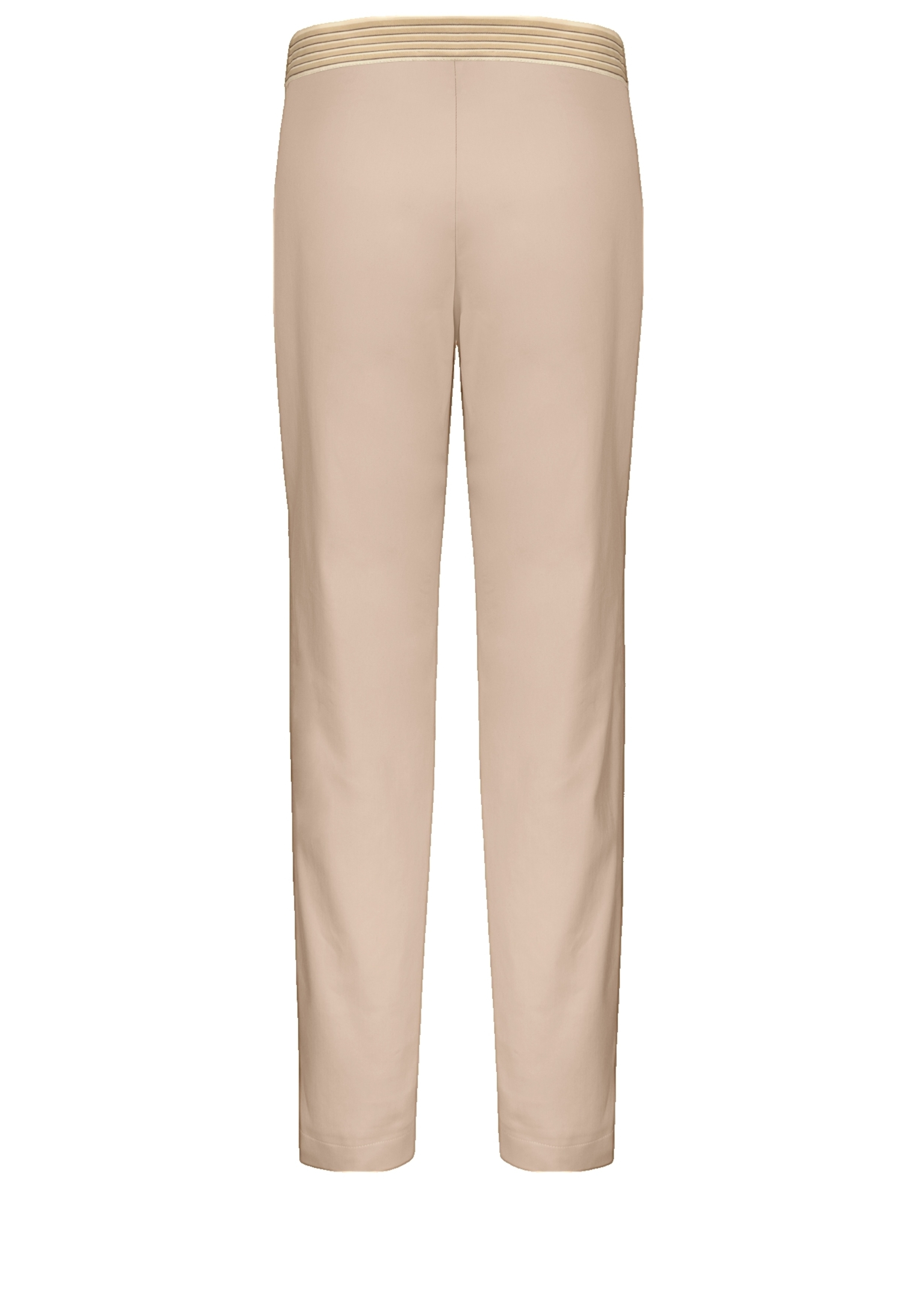 Beigefarbene Hose von hinten betrachtet, mit geradem Beinschnitt und beige-weiß gestreiftem Gummibund.