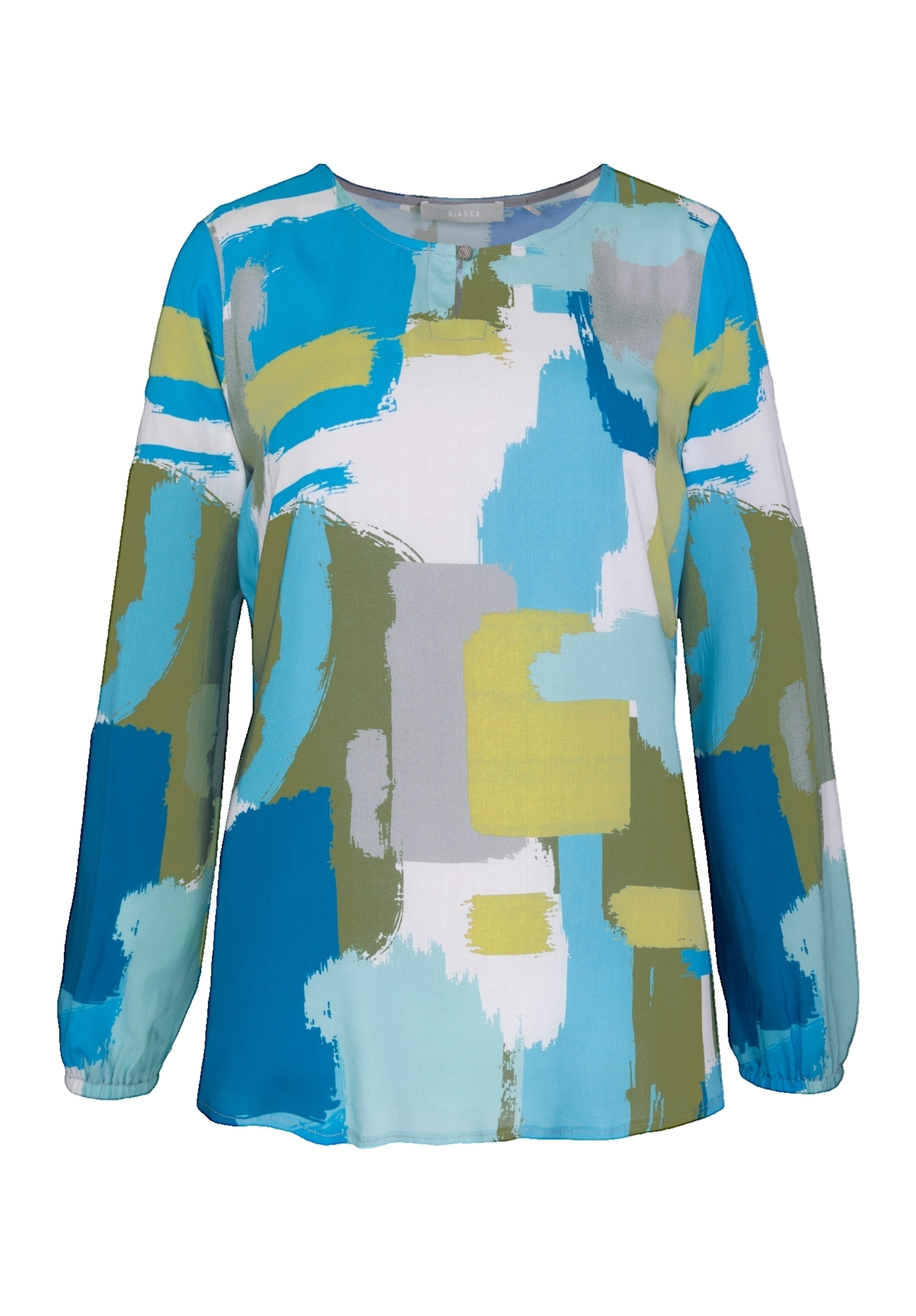 Langärmlige Bluse mit Rundhalsausschnitt und abstraktem Muster in Blau-, Grün-, Gelb-, Grau- und Weißtönen. Das Design erinnert an breite, malerische Pinselstriche.