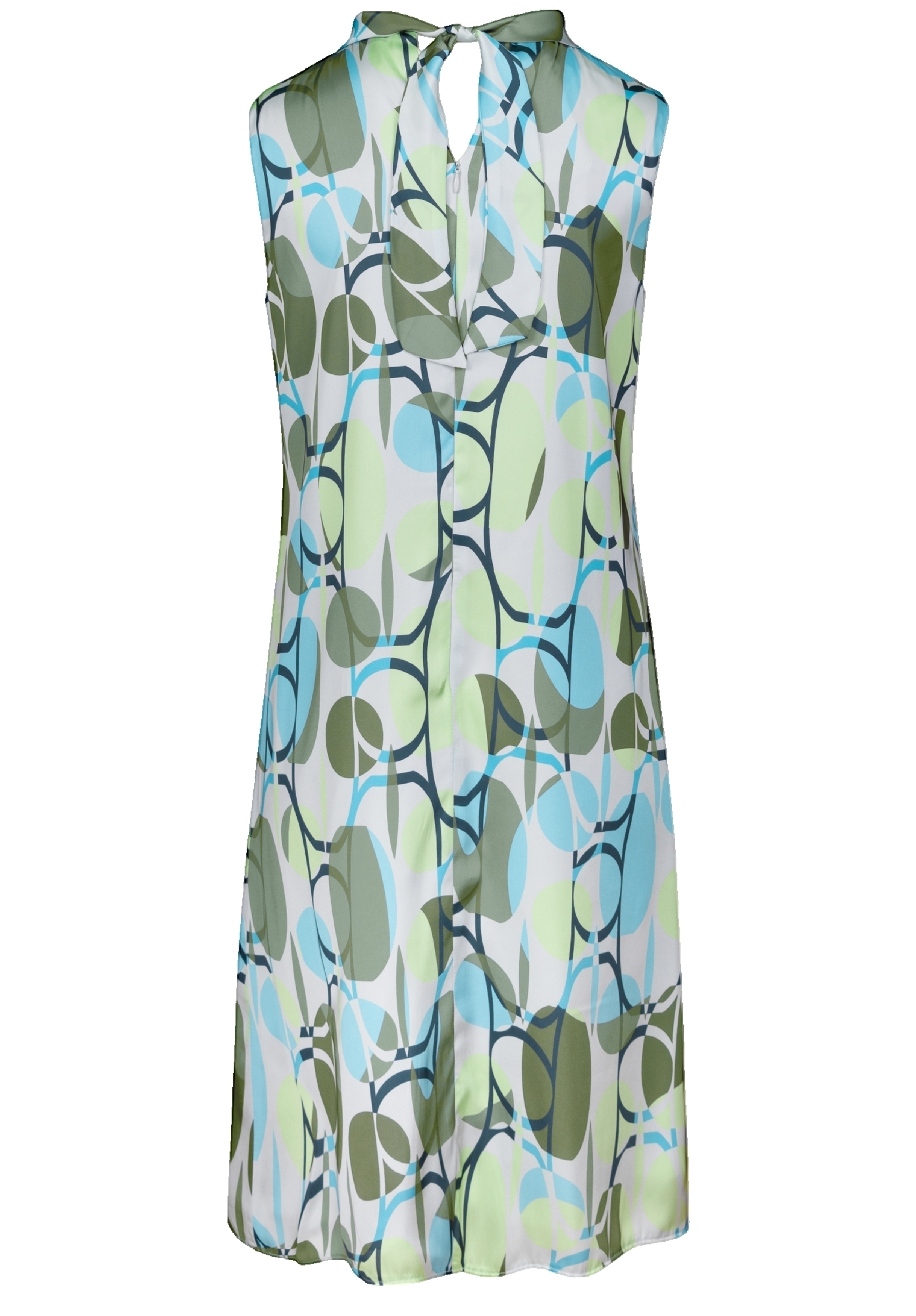 Ärmelloses Kleid mit hohem Ausschnitt und Schleife auf der Rückseite, mit einem abstrakten geometrischen Muster in Grün-, Blau- und Weißtönen.