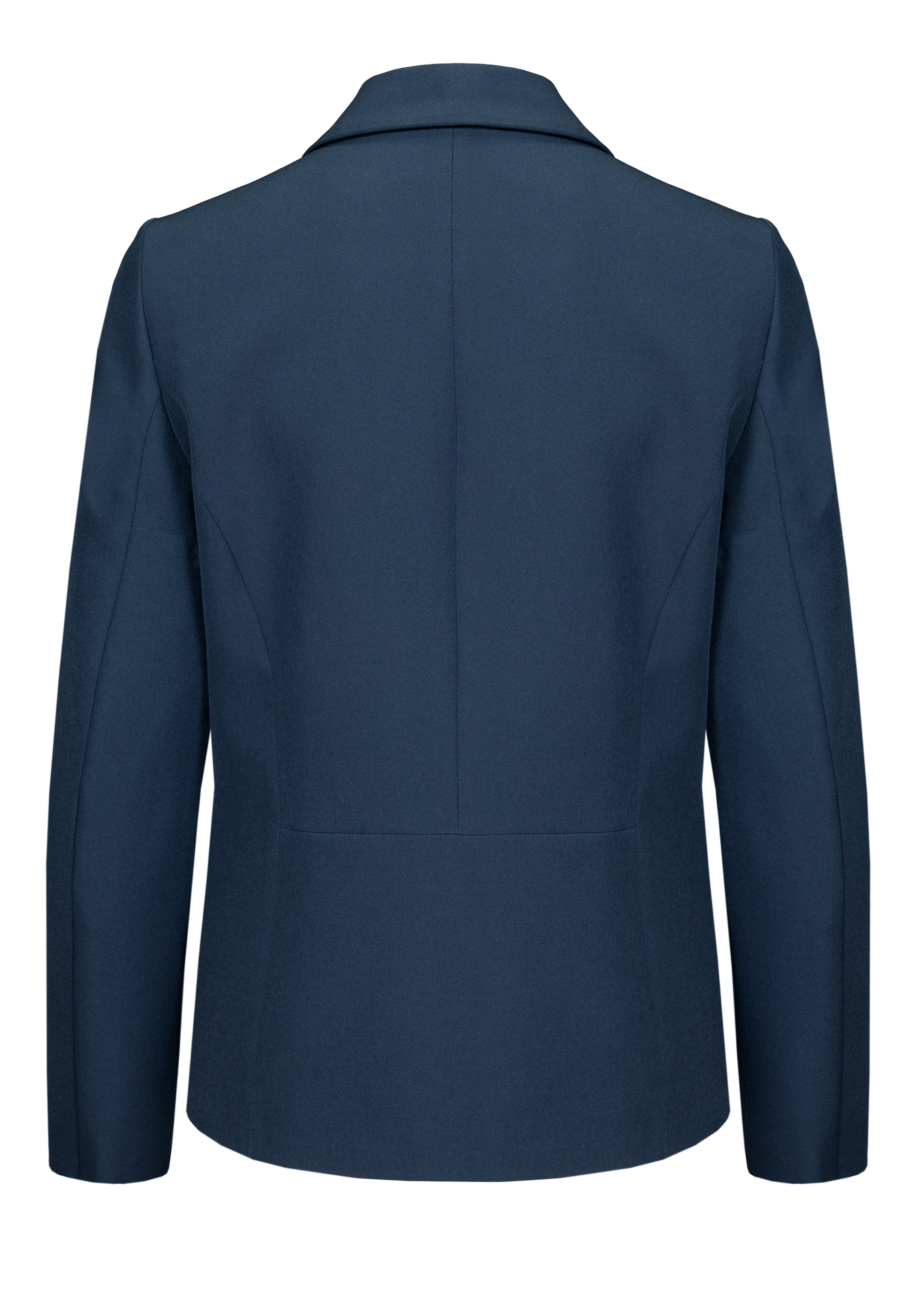 Rückansicht eines schlichten, marineblauen Blazers mit langen Ärmeln, einem gekerbten Kragen und strukturierten Nähten.