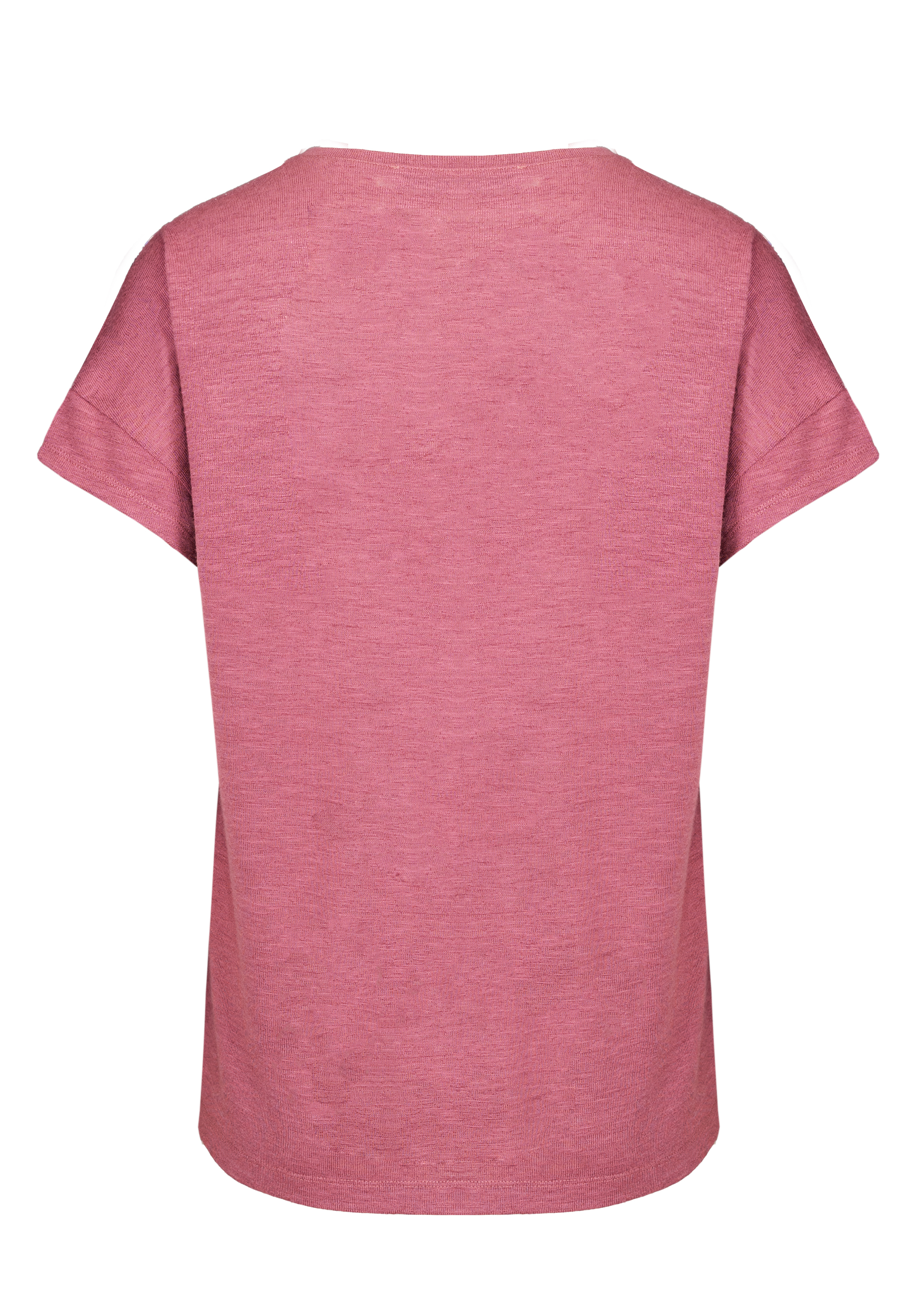 Rückenansicht eines einfarbigen, kurzärmeligen, rosafarbenen T-Shirts vor einem weißen Hintergrund.