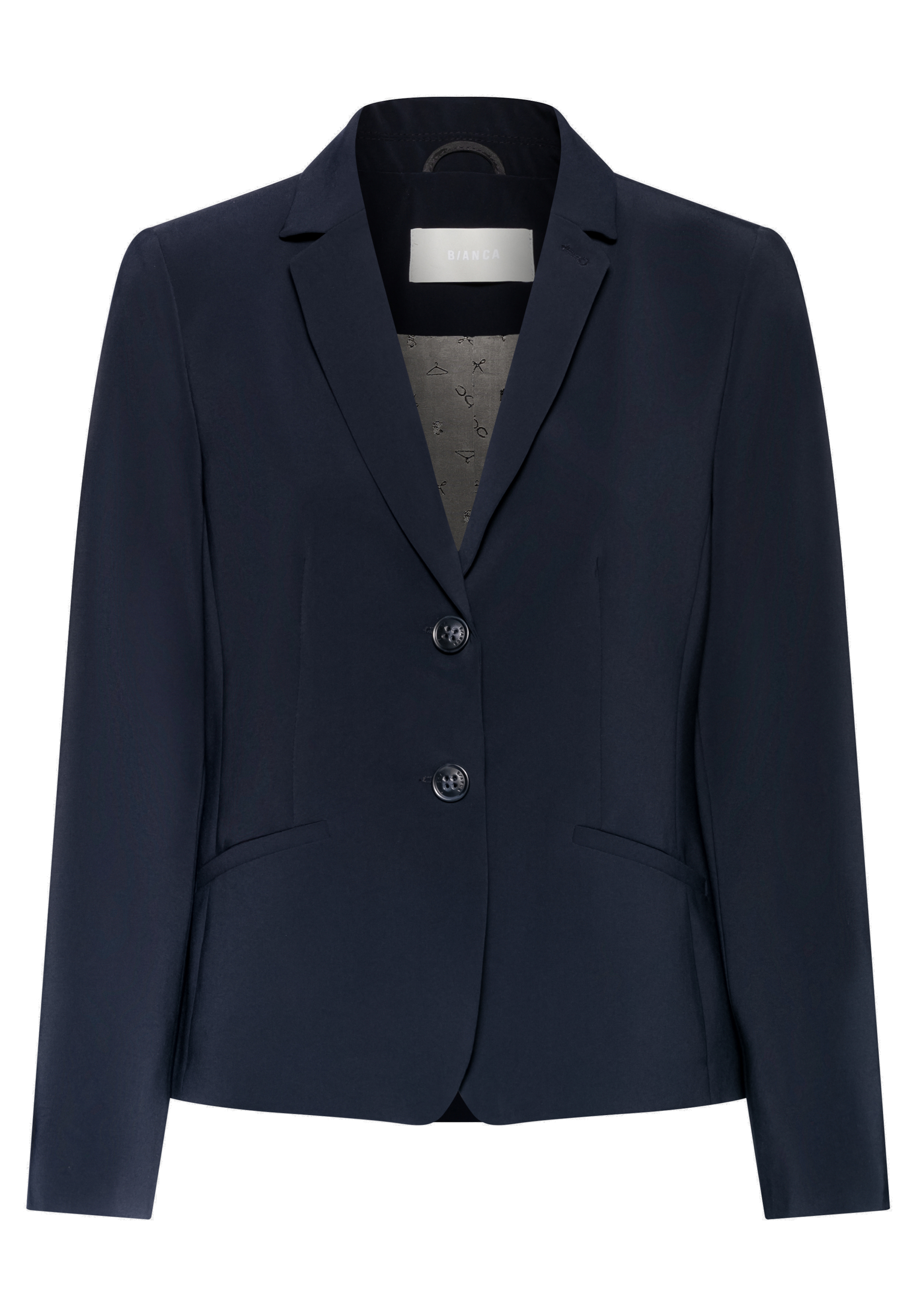 Ein marineblauer Damenblazer mit zwei Knöpfen, gekerbtem Revers und zwei Taschen auf der Vorderseite, dargestellt auf weißem Hintergrund.
