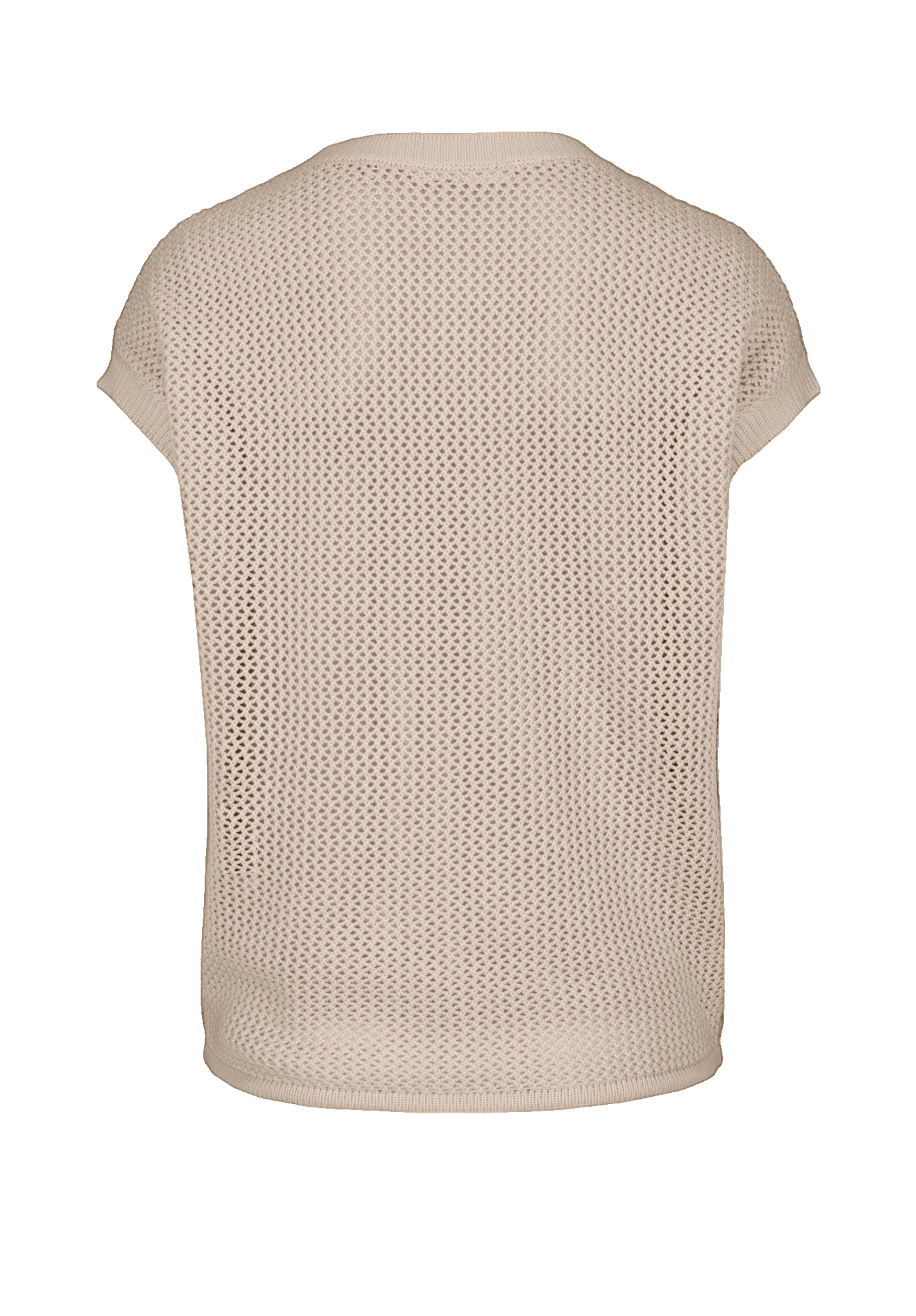 Beiges, kurzärmeliges Strickoberteil mit netzartigem, offenem Webmuster, von hinten auf weißem Hintergrund abgebildet.