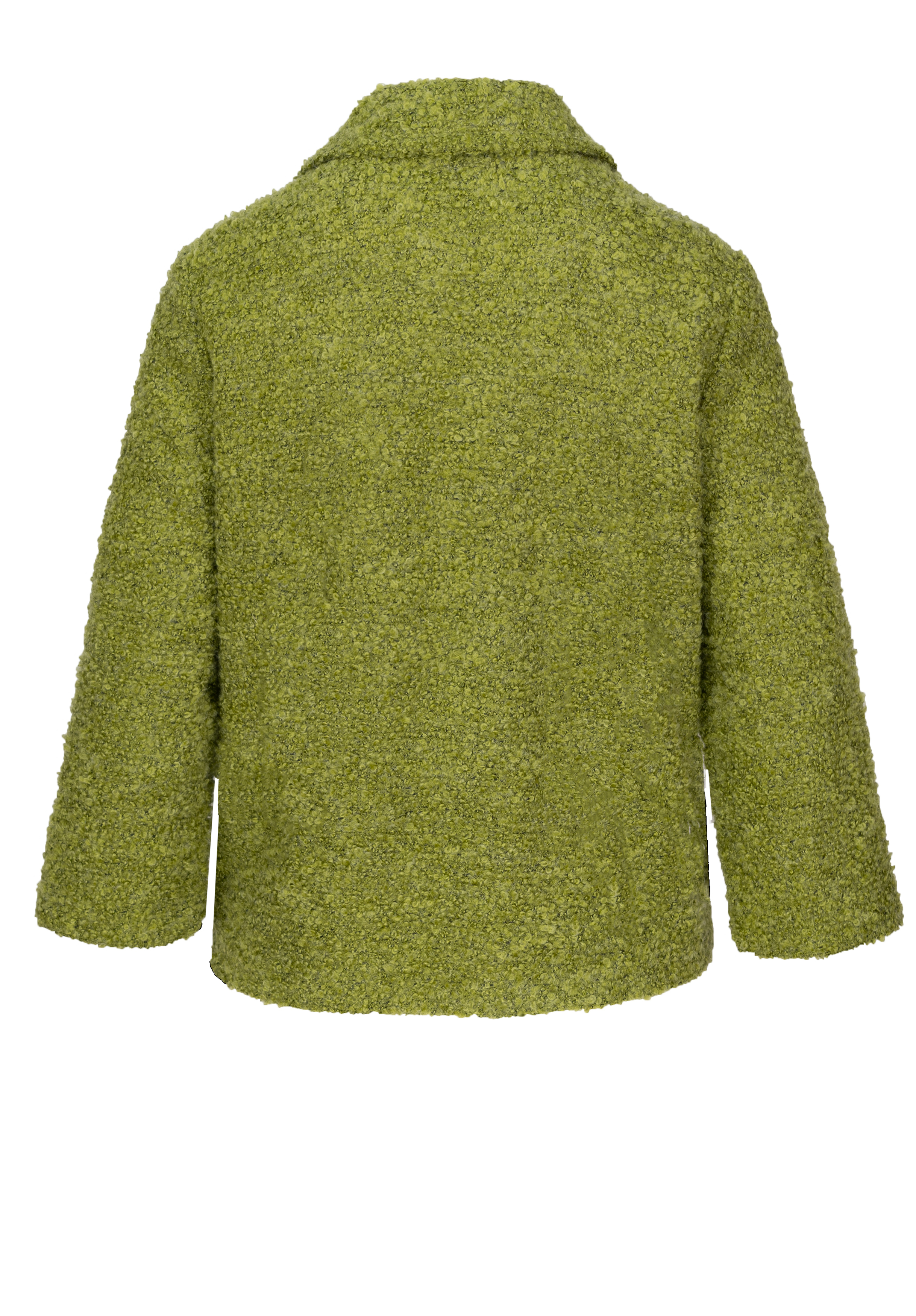 Eine grüne Bouclé-Jacke mit Strukturmuster von hinten, mit langen Ärmeln und breitem Kragen. Die Jacke hat eine kastige, lockere Passform und keine sichtbaren Verschlüsse oder Verzierungen.