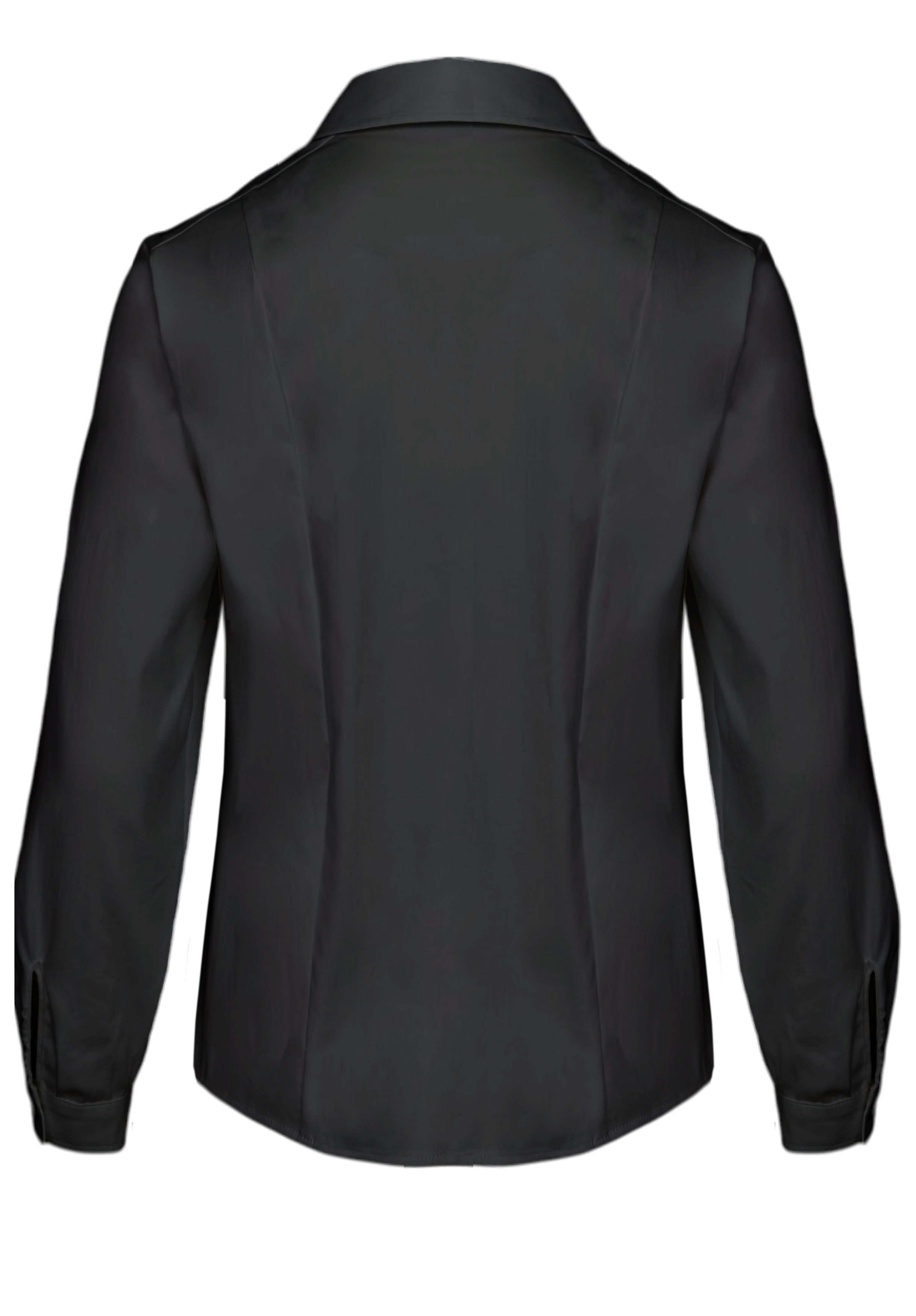 Ein schwarzer, langärmeliger Blazer mit taillierter Passform, gekerbtem Kragen und geknöpften Manschetten wird von hinten gezeigt. Der Stoff wirkt glatt und leicht glänzend.