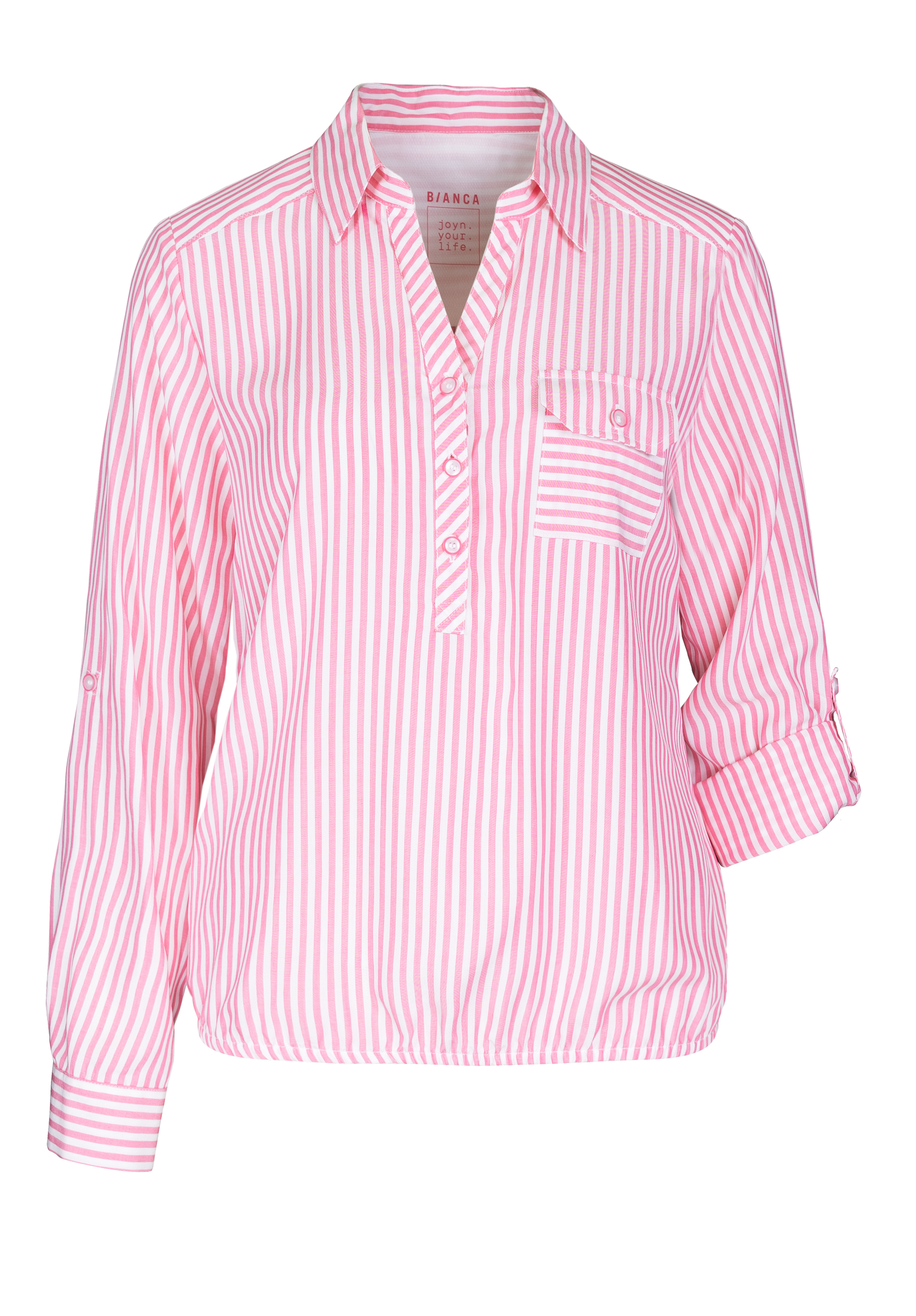 Eine langärmelige Bluse mit Kragen und rosa-weißen Längsstreifen, mit einer Knopfleiste vorne und einer einzelnen Brusttasche.