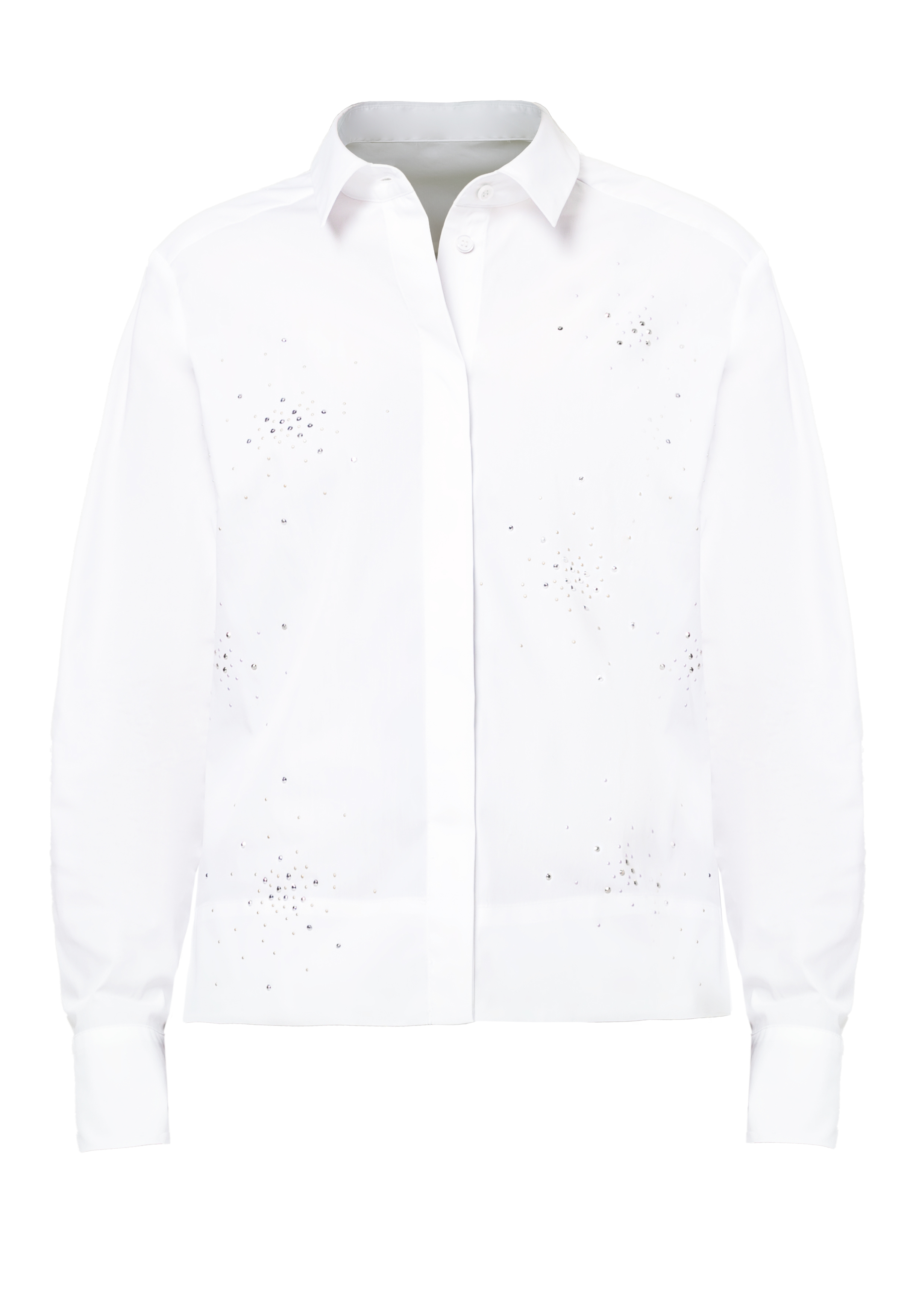 Ein langärmeliges weißes Button-Up-Hemd mit klassischem Kragen und dezenten, glitzernden Verzierungen auf der Vorderseite.
