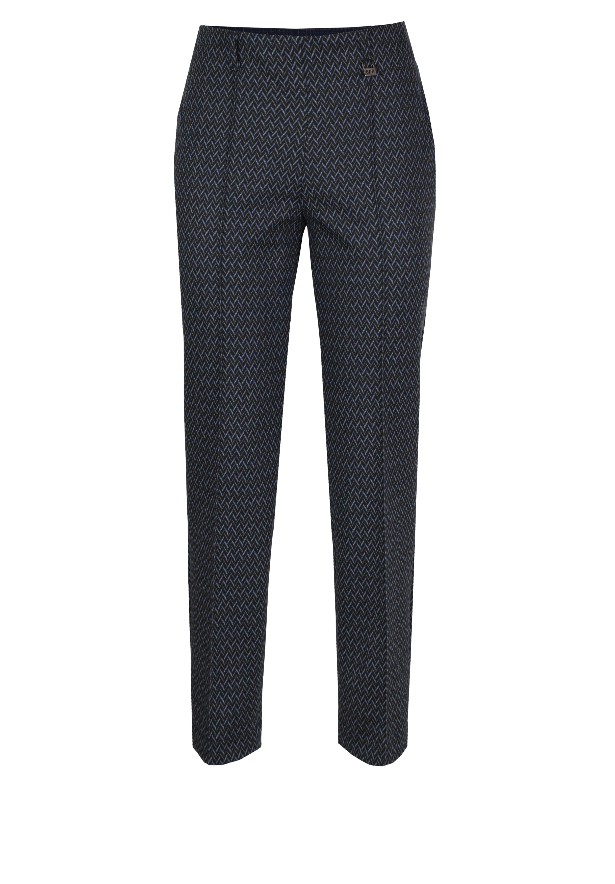 Marineblaue, maßgeschneiderte Hose mit konisch zulaufendem Bein und einem dezenten weißen geometrischen Zickzackmuster auf weißem Hintergrund.