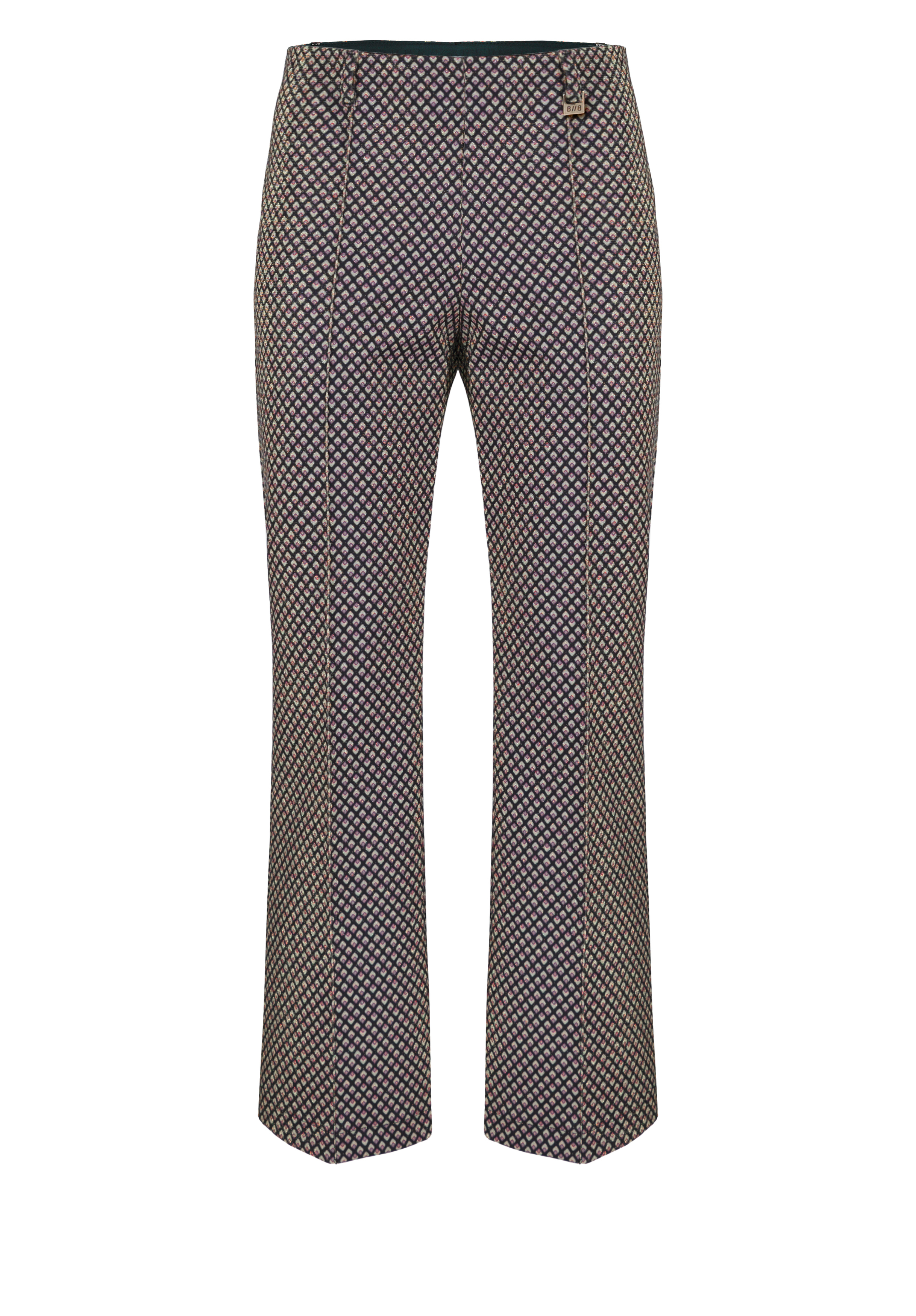 Gerade geschnittene Hose mit geometrischem Muster, mittelhoher Taille und dezenten Nahtdetails vorne vor weißem Hintergrund.