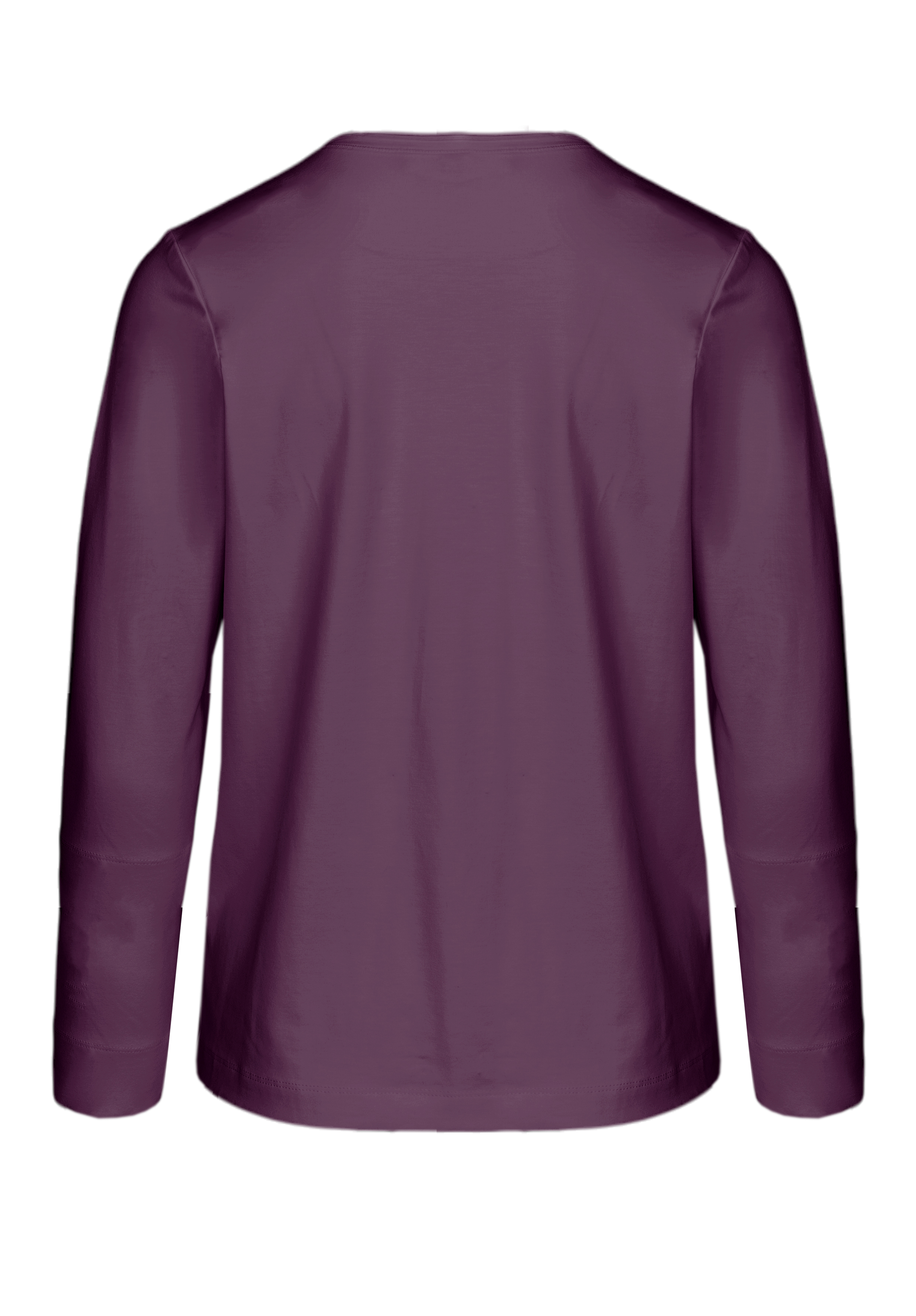 Rückenansicht einer langärmeligen, pflaumenfarbenen Bluse mit einfachem, kragenlosem Design und geradem Saum.