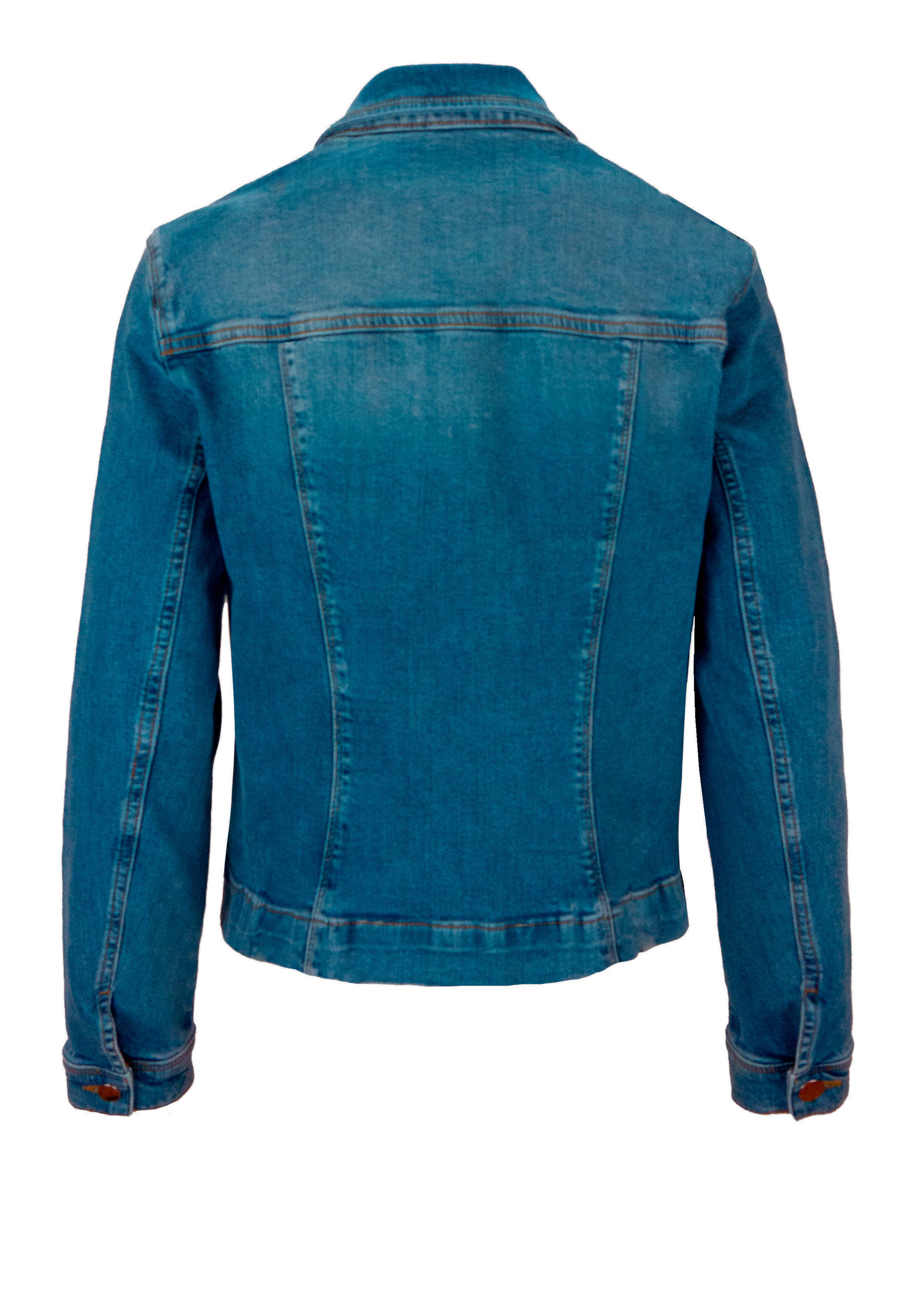 Blaue Jeansjacke von hinten mit langen Ärmeln, klassischem Kragen und sichtbaren Nähten entlang der Nähte und des Saums.