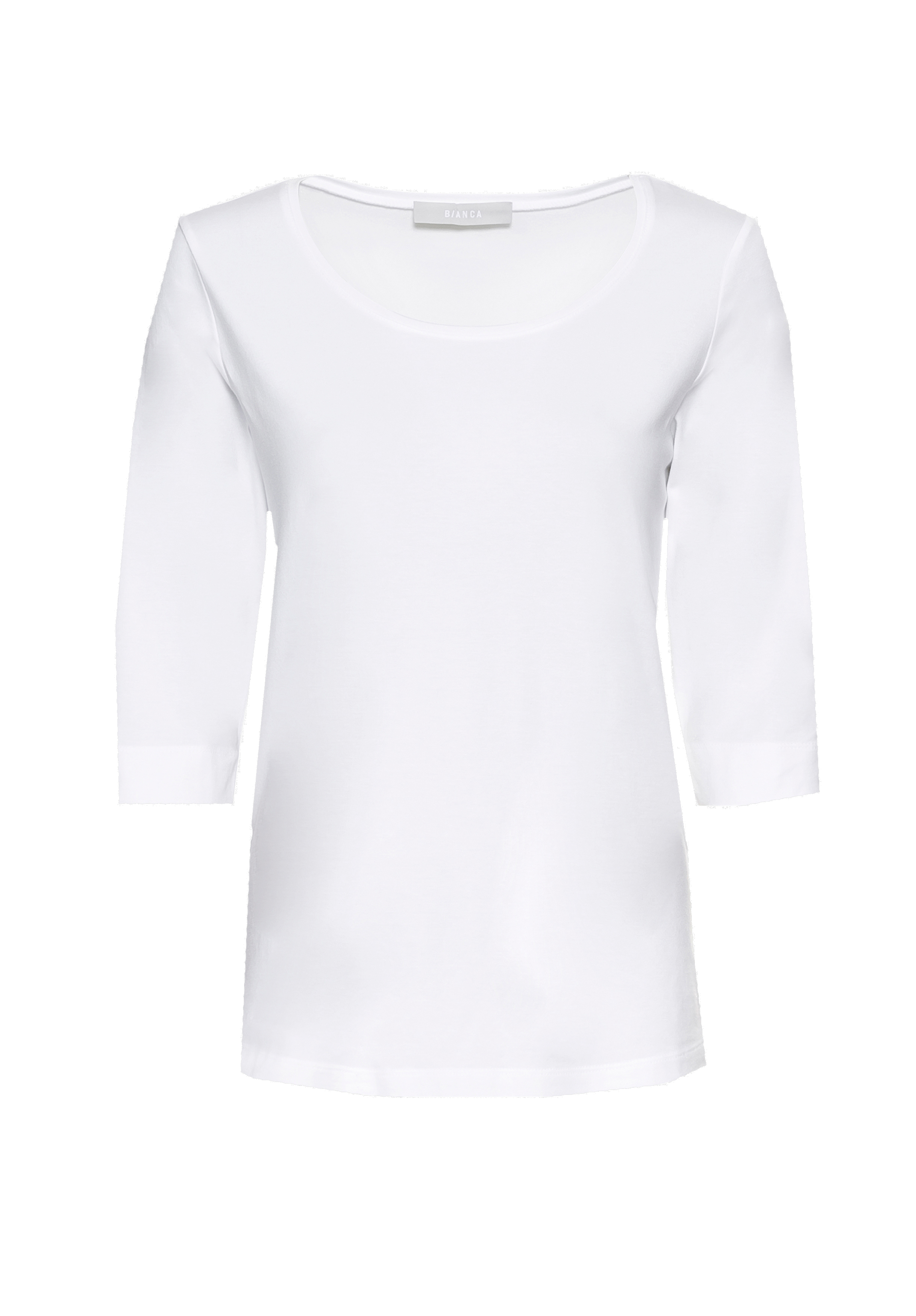 Ein schlichtes weißes, dreiviertelärmeliges T-Shirt für Frauen mit Rundhalsausschnitt auf weißem Hintergrund.