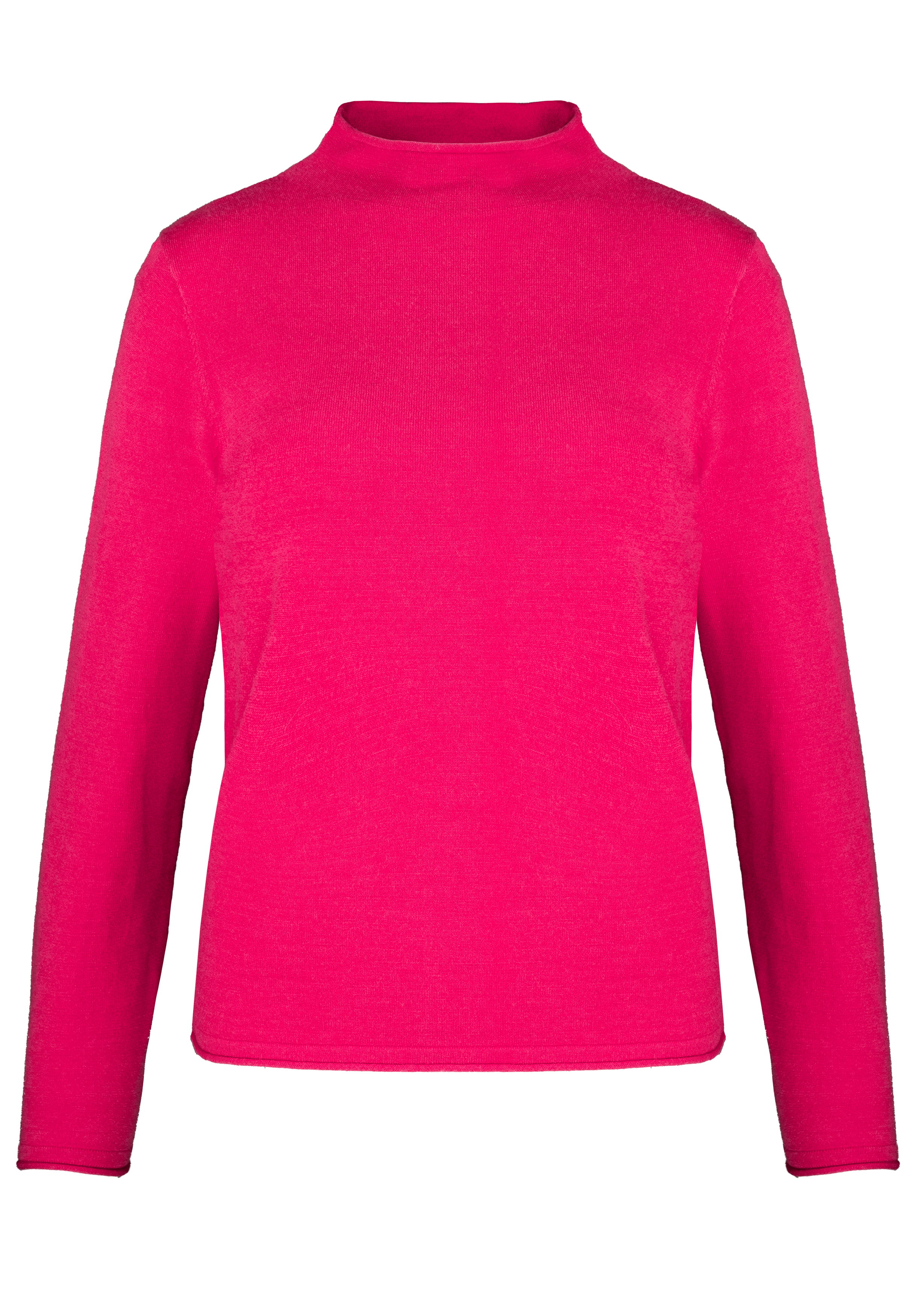 Hellrosa langärmeliger Rollkragenpullover auf weißem Hintergrund. Der Pullover hat ein einfaches, klassisches Design ohne sichtbare Muster oder Verzierungen.