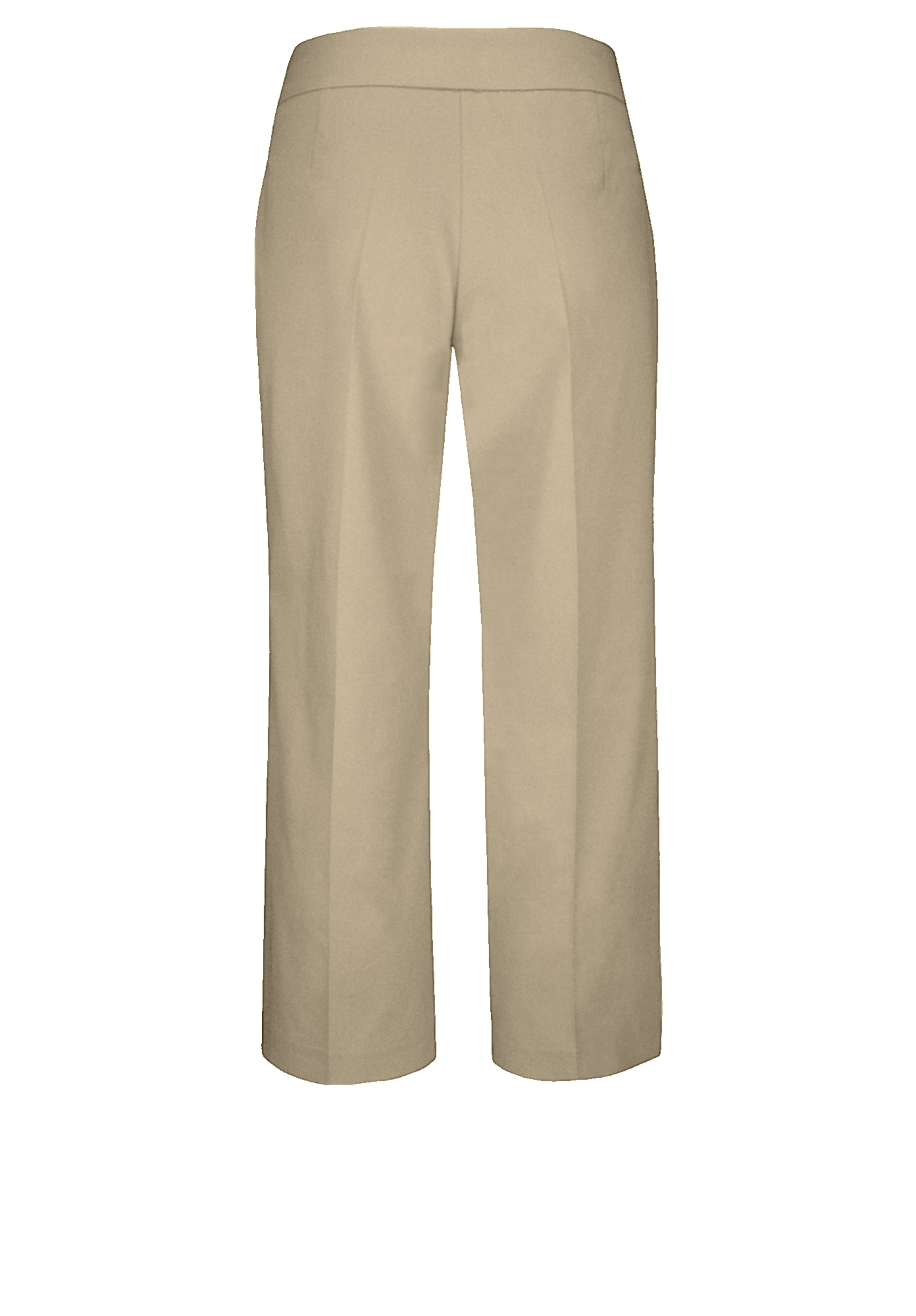 Rückansicht einer beigen Hose mit geradem Bein, einem engen Bund und einer dezenten Bügelfalte in der Mitte jedes Beins, vor weißem Hintergrund.