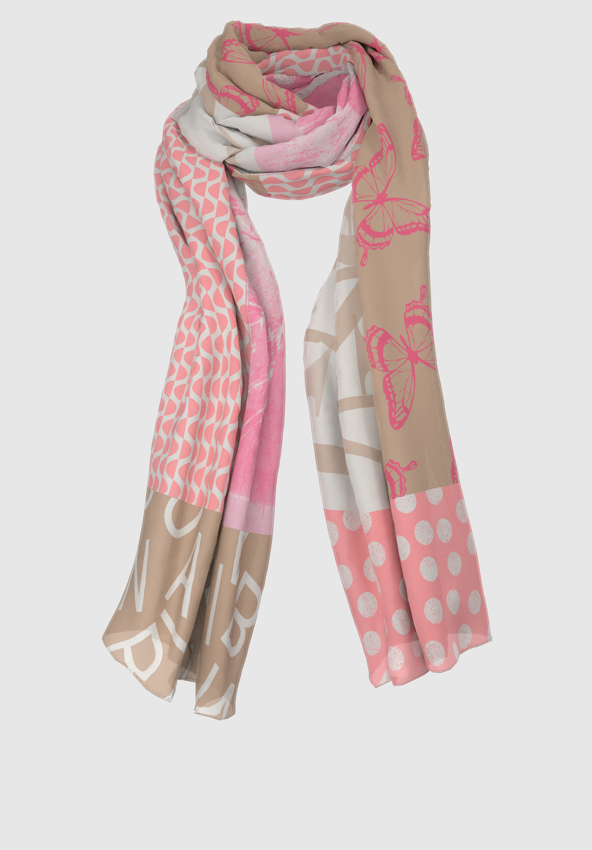 Ein langer, leichter Schal mit einer Mischung aus rosa, beigen und weißen Mustern, darunter Schmetterlinge, Tupfen, geometrische Formen und übergroße Buchstaben.