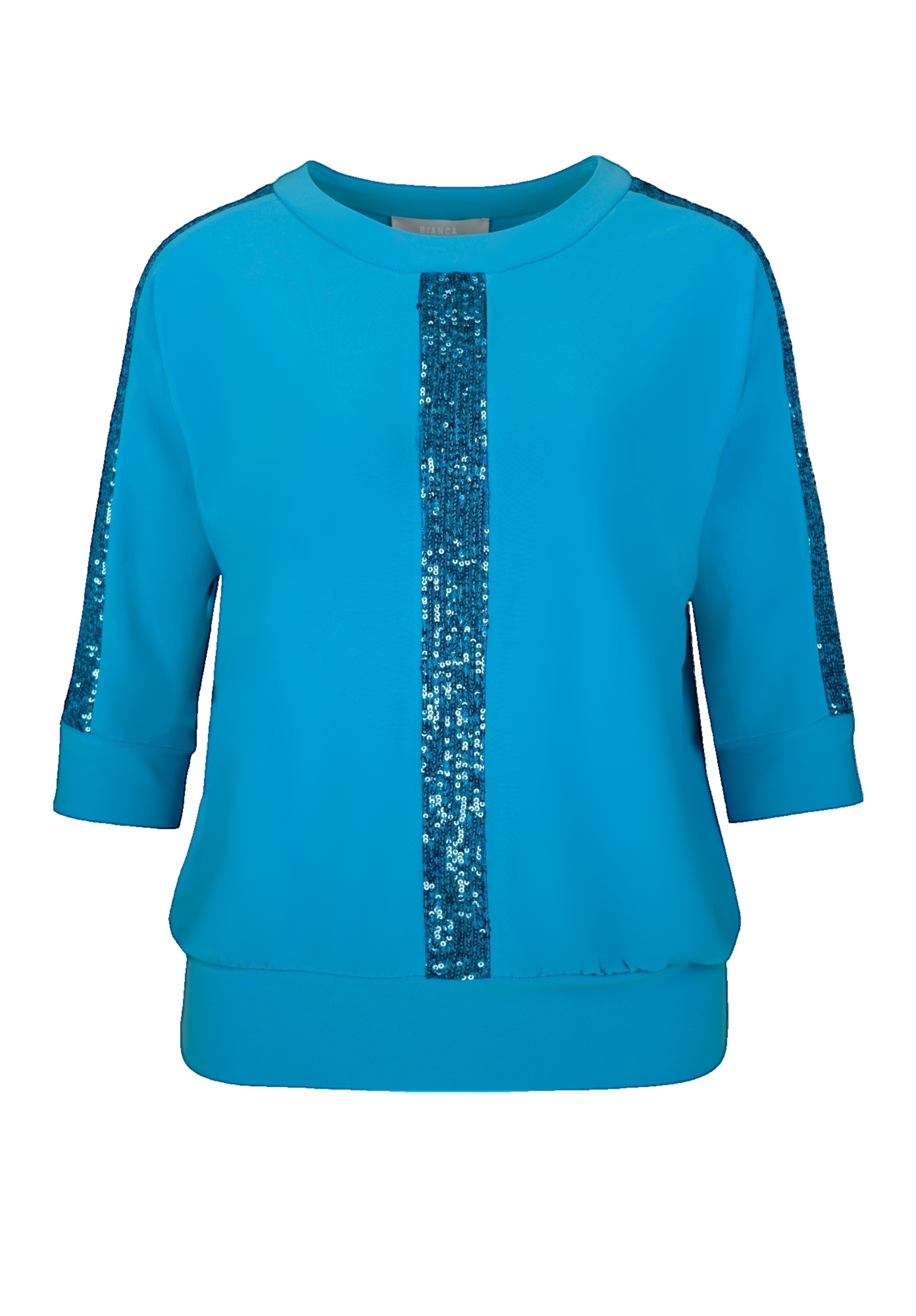 Ein leuchtend blaues Top mit Dreiviertelärmeln und glänzenden blauen Pailletteneinsätzen, die vertikal auf der Vorderseite und entlang der Ärmeloberseiten verlaufen. Das Kleidungsstück hat eine lockere Passform und gerippte Säume.