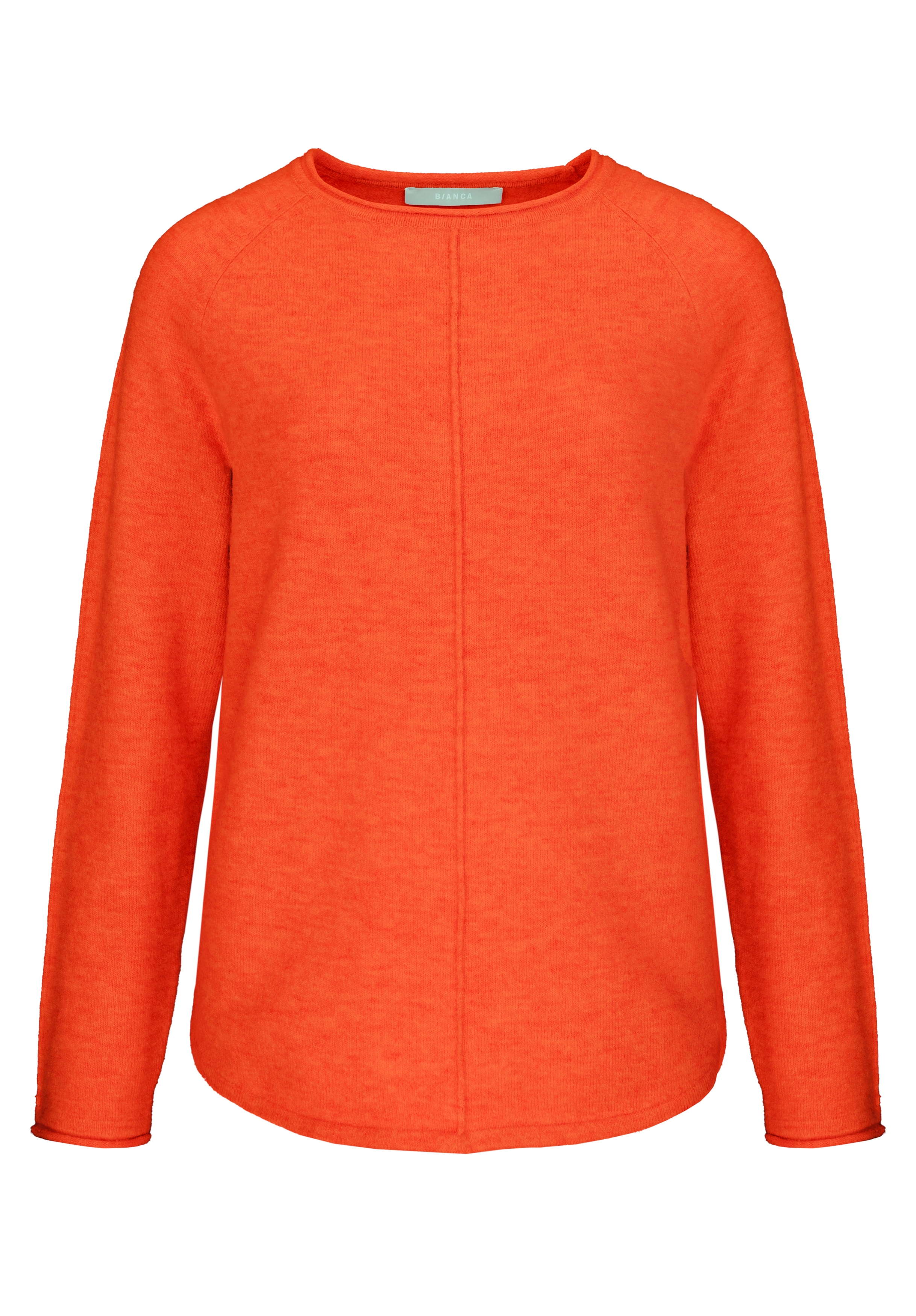 Orangefarbener langärmeliger Pullover mit Rundhalsausschnitt und sichtbarer Naht in der vorderen Mitte auf einfarbig weißem Hintergrund.