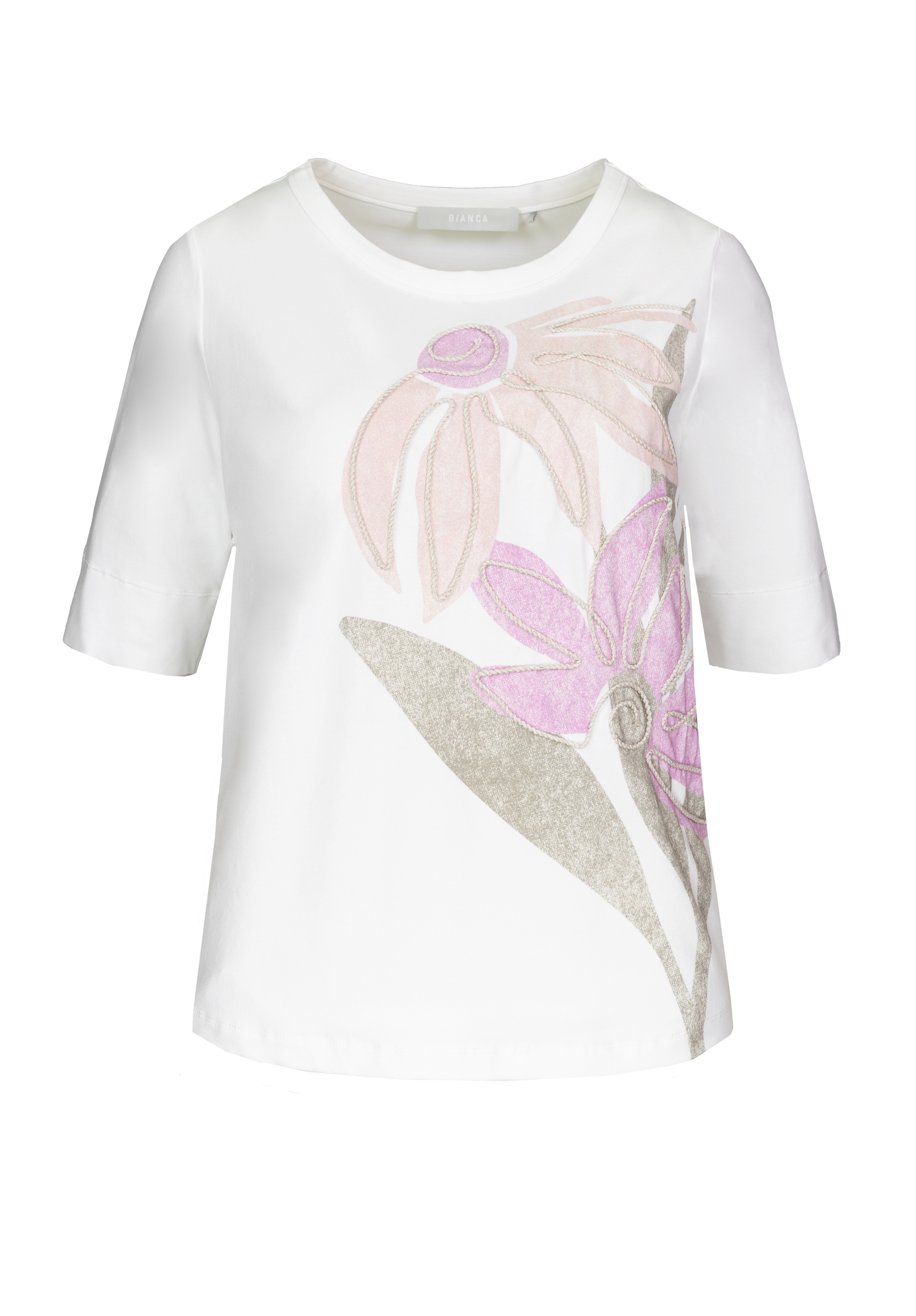 Weißes Kurzarmoberteil mit großem Blumendruck in zarten Rosa-, Lila- und Beigetönen auf der Vorderseite. Die Blüten haben kräftige Blütenblätter und Blätter, die ein zartes und kunstvolles Design ergeben.