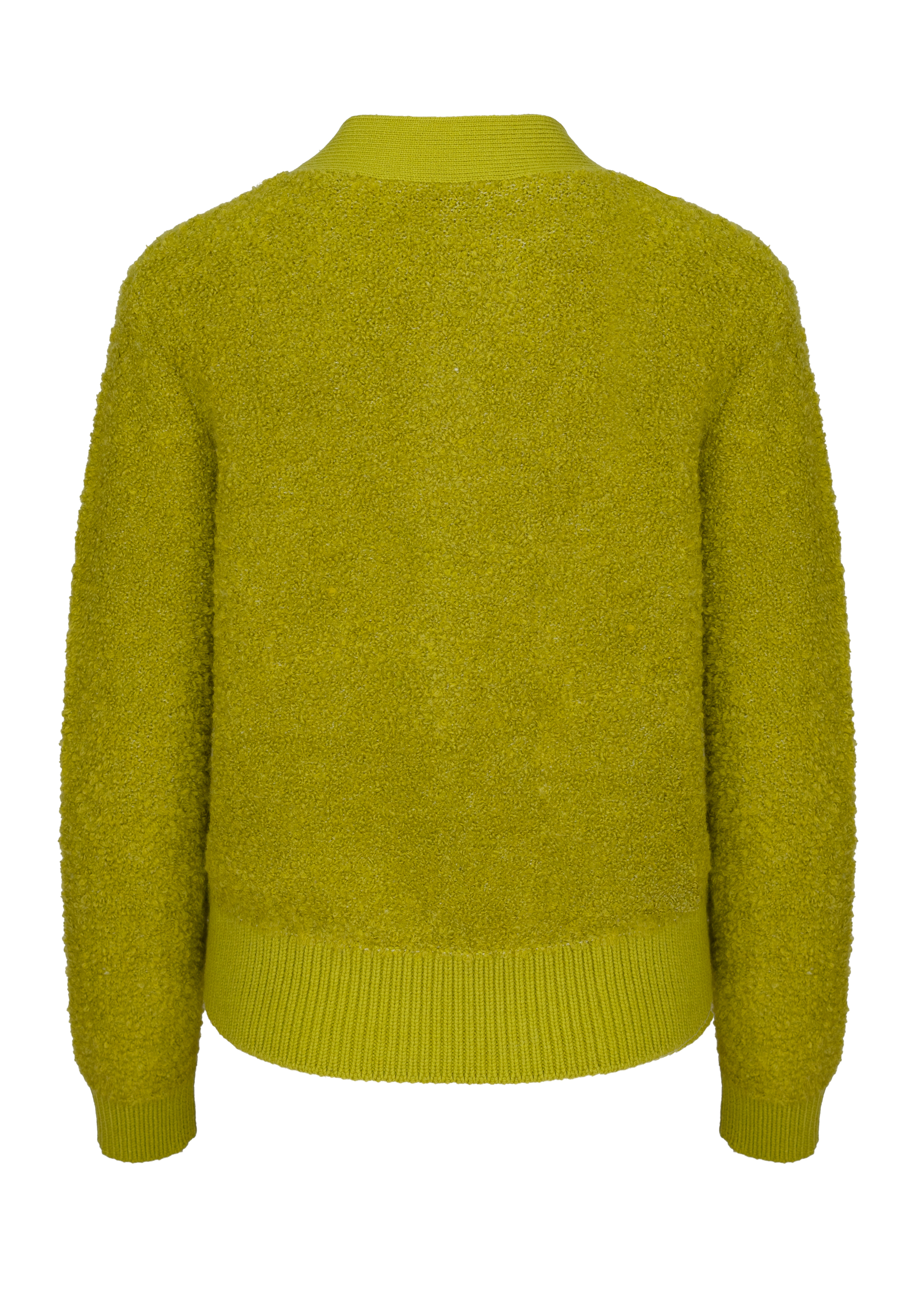 Rückansicht eines strukturierten, langärmeligen, leuchtend gelbgrünen Pullovers mit gerippten Bündchen, Saum und Kragen. Der Pullover hat ein weiches, flauschiges Aussehen und weist keine sichtbaren Muster oder Designs auf.