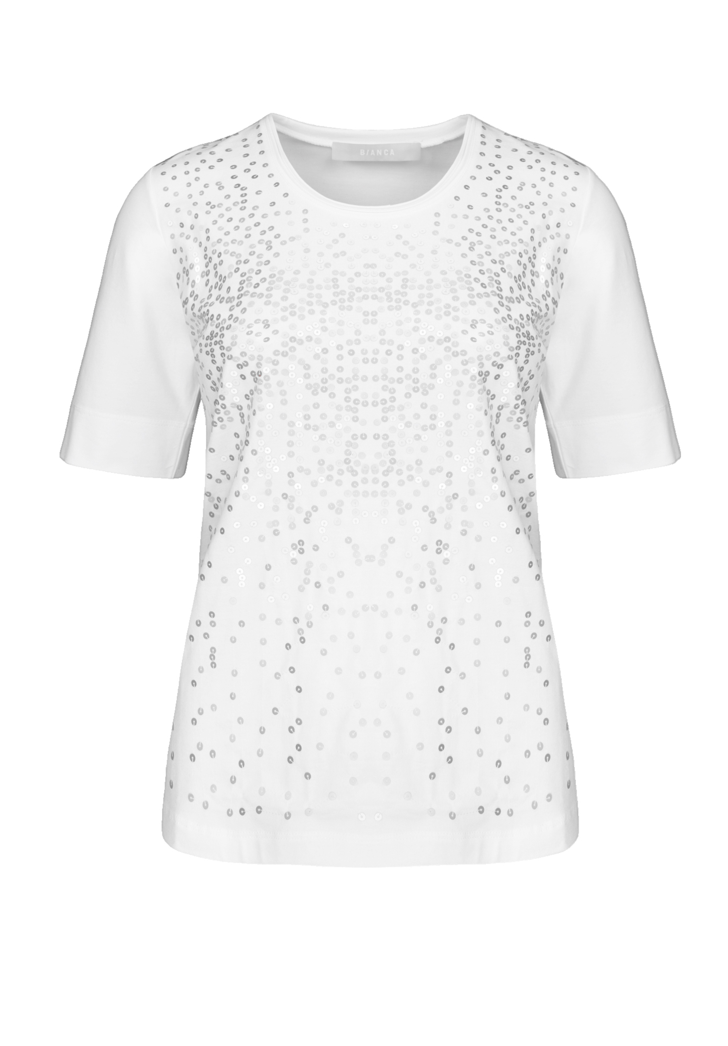 Weißes Kurzarm-T-Shirt mit Rundhalsausschnitt, das auf der Vorderseite ein Muster aus kleinen silbernen Pailletten aufweist, die symmetrisch angeordnet sind. Die Rückseite und die Ärmel sind schlicht weiß.