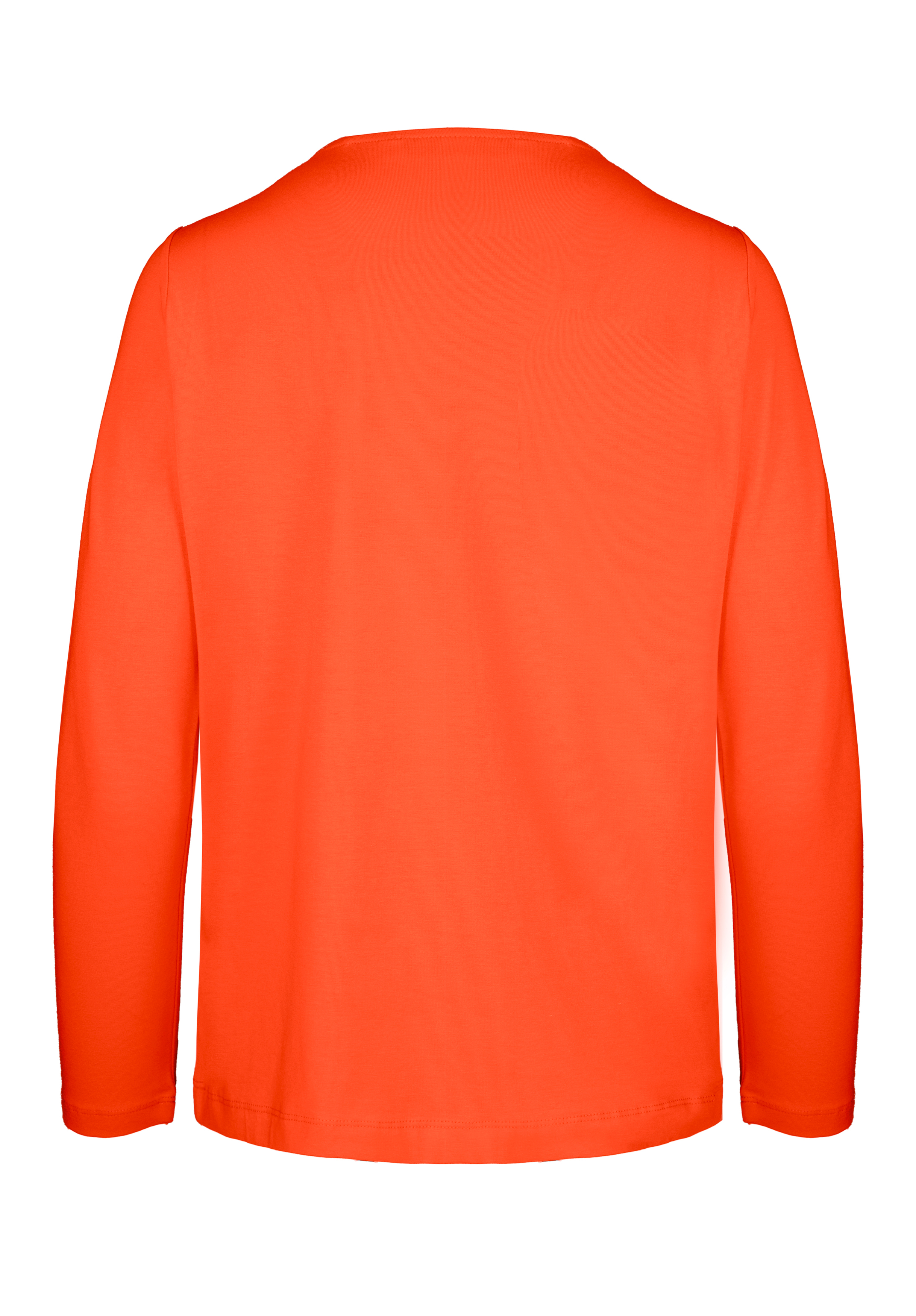 Leuchtend orangefarbenes, langärmeliges Hemd, von hinten gesehen, mit einfachem, schlichtem Design und ohne sichtbare Muster, Logos oder Verzierungen.